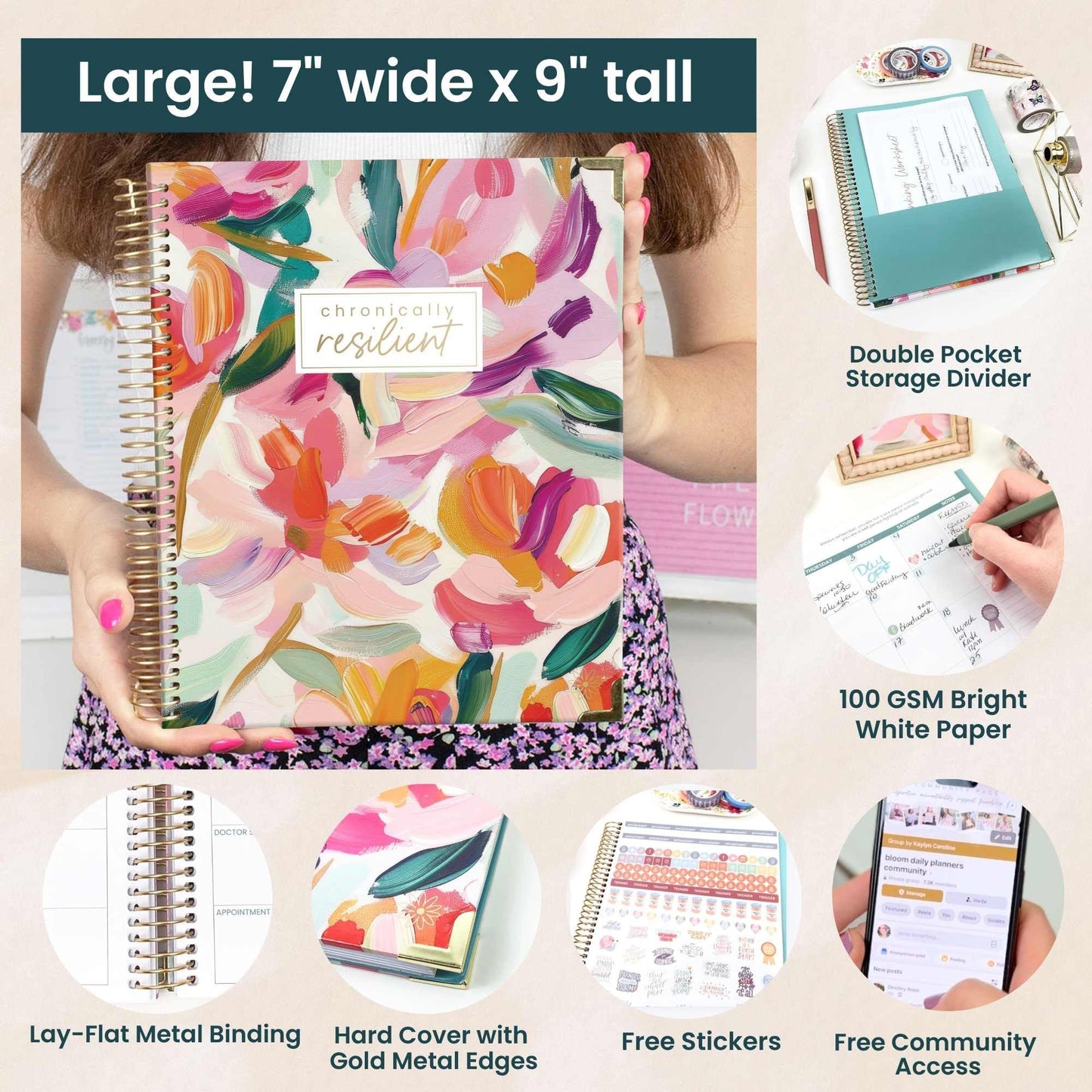 bloom daily planners Undated Chronic Illness Planner & Medical Journal - 12 Month Pain & Symptom Tracker, Mood & Medication Log, Appointment Organizer (7” x 9”) - Brushstroke Blooms