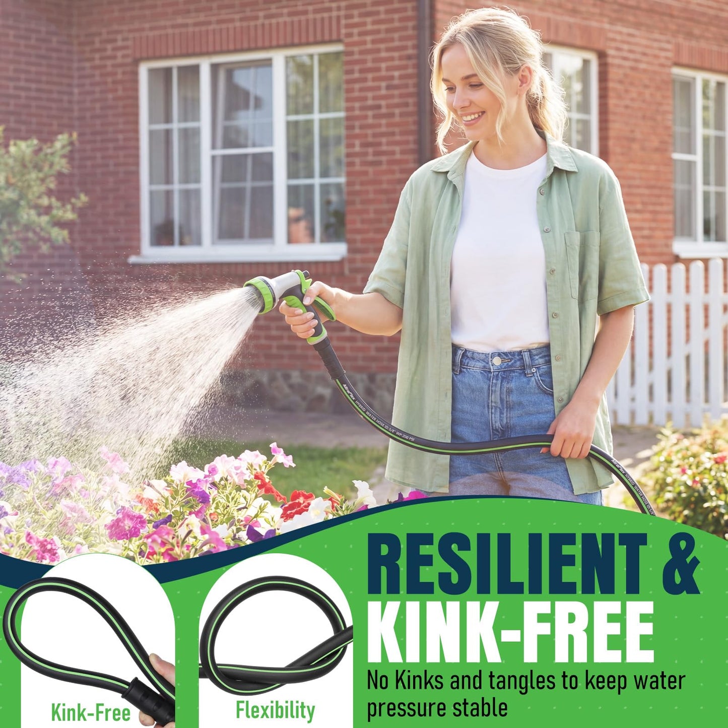 MiraFIex Non-Expanding Garden Hose 25ft, Lightweight Flexible Water Hose with Kink-Resistant, Solid Fittings, 5/8 Inch 600PSI, for Small Yard, RV, Car Wash
