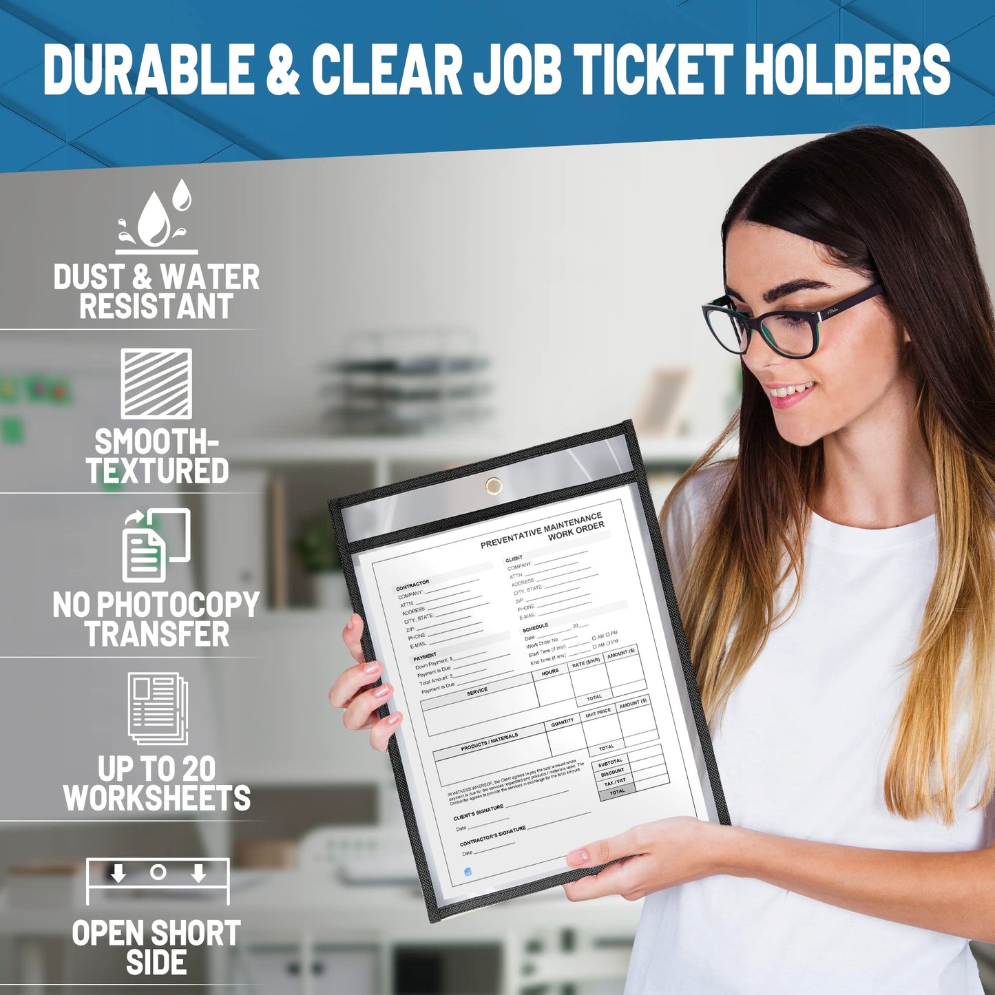 30 Pack Job Ticket Holders 8.5x11 - Work Order Plastic Sleeves for Documents - 8 1/2 x 11 Shop Ticket Holders - Dry Erase Pocket Sleeves - Dry Erase Pockets - Dry Erase Sleeves - Clear Pocket Sleeves