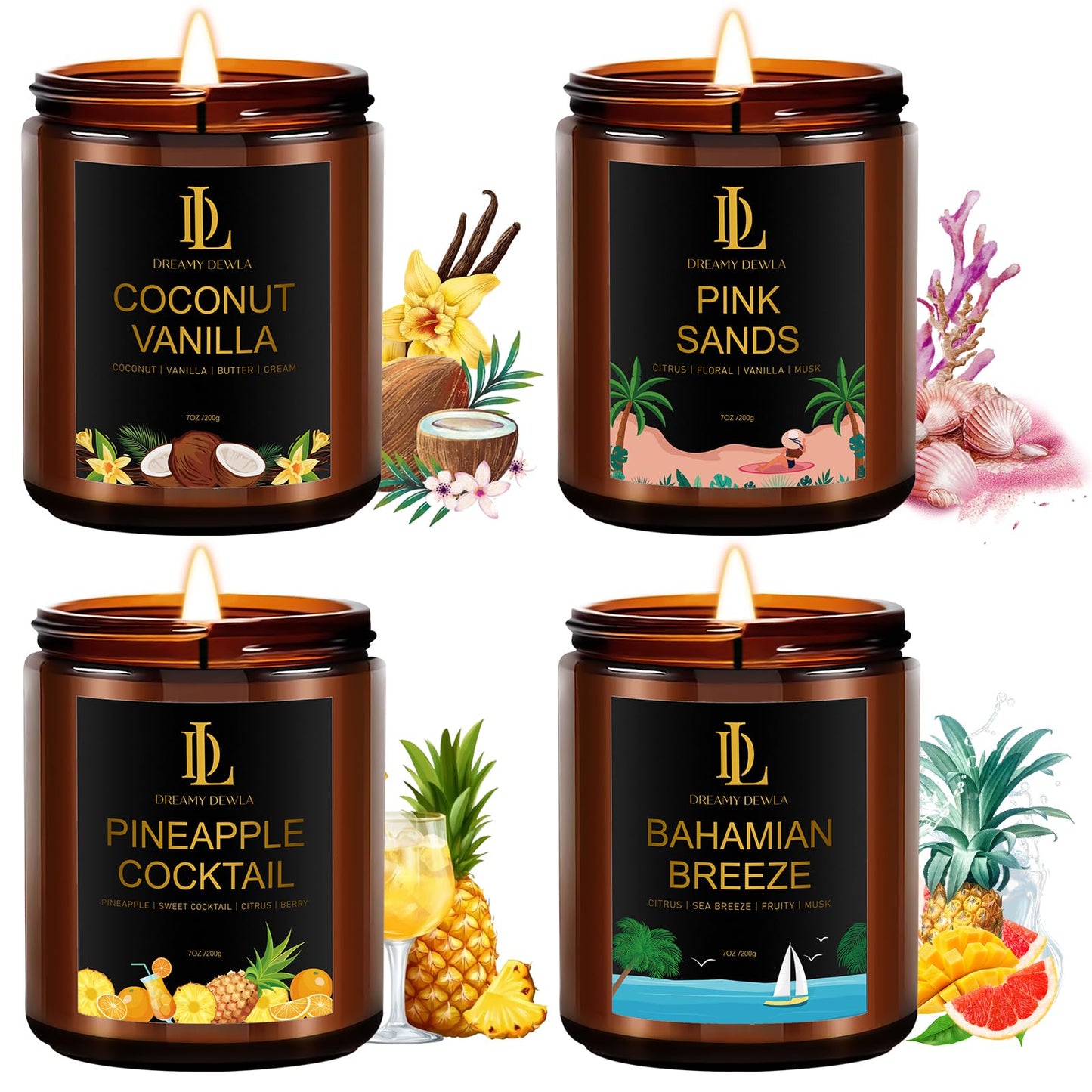 Scented Candles Gift Set, 4 Pack 28oz 200 Hours Burn, Candles for Women Men, Scents of Pineapple Cocktail/Coconut Vanilla/Pink Sands/Bahamian Breeze