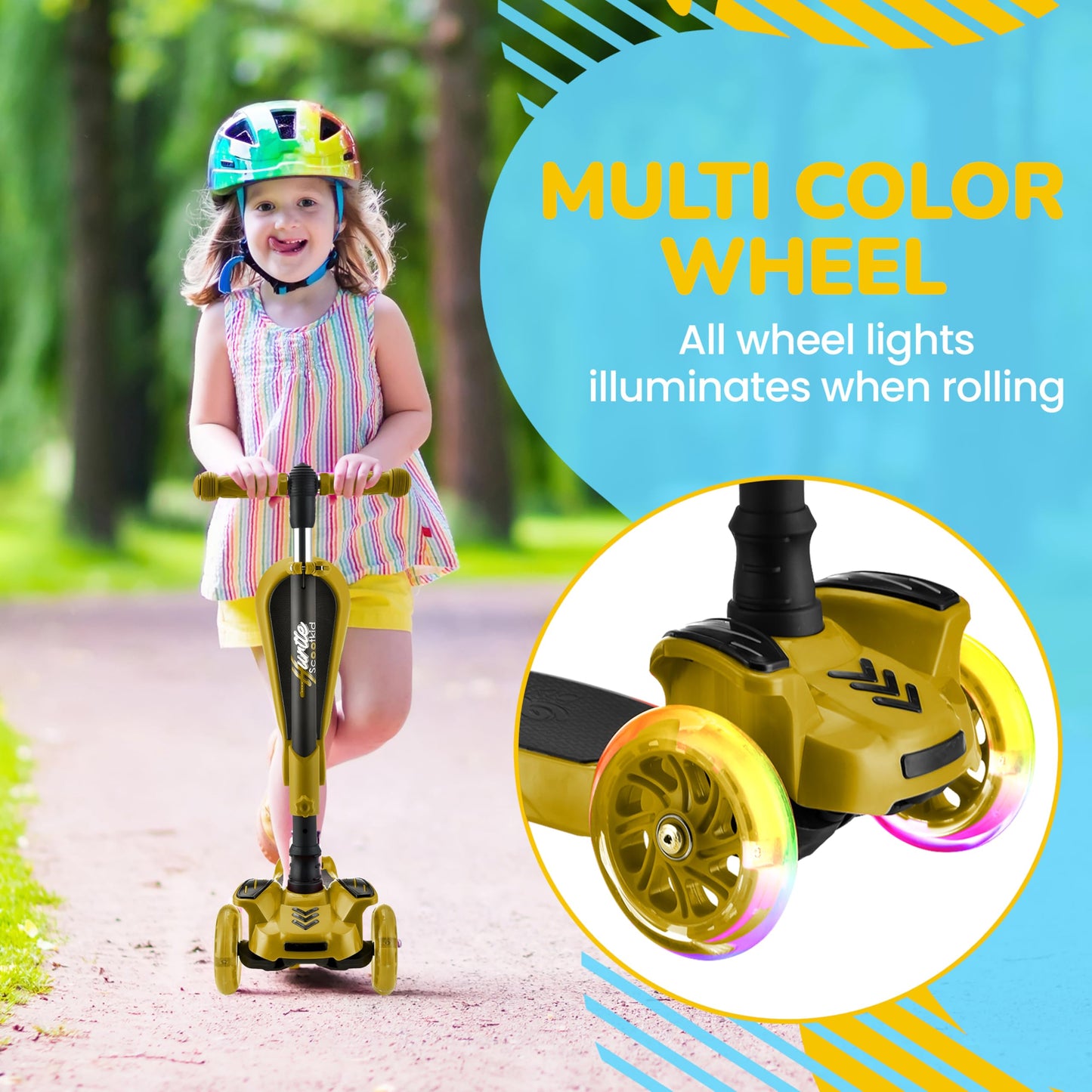 Hurtle 3-Wheeled Kids Scooter - Wheel LED Lights, Adjustable Lean-to-Steer Handlebar, and Foldable Seat - Sit or Stand Ride with Brake for Boys and Girls Ages 1-14 Years Old, Yellow