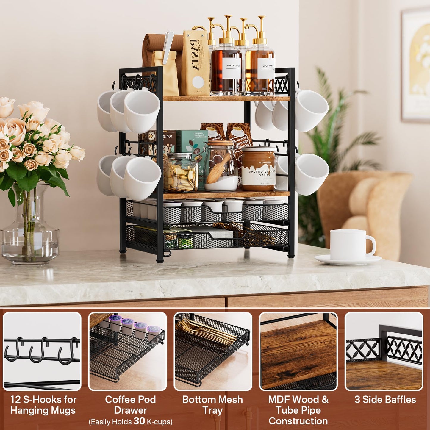 Plaviya Coffee Bar Organizer Countertop Station Shelf, 4 Tier Mug Cup Holder Stand with 12 Hooks, 60 K Cup Coffee Pod Drawer, Multifunctional Coffee Shelf Organizer for Accessories Station Kitchen
