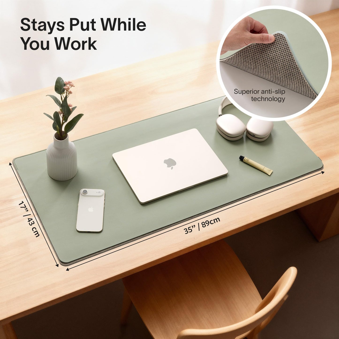 Nordik Felt and Leather Desk Mat - Willow Haze Sage - 89x43cm - Felt and Vegan Leather Desk Blotter with Document Hideaway - Large Computer Mats for Desktop - Ideal Keyboard Mat for Office and Home