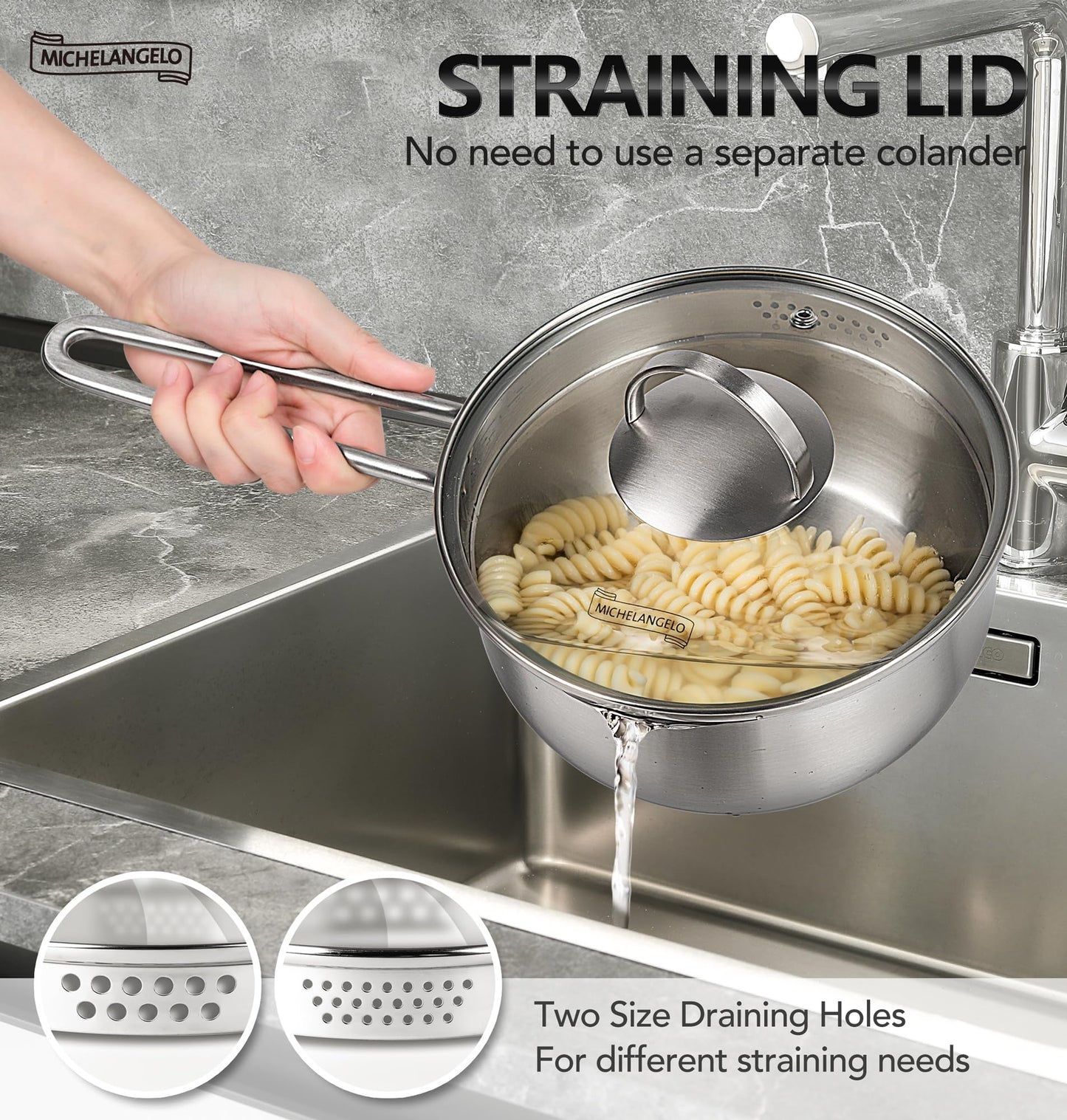 MICHELANGELO Stainless Steel Saucepan Set with Lid & Pour Spout 1QT & 2QT & 3QT, Tri-Ply Bottom Sauce Pan Set, Sauce Pot Set - 6 Pcs