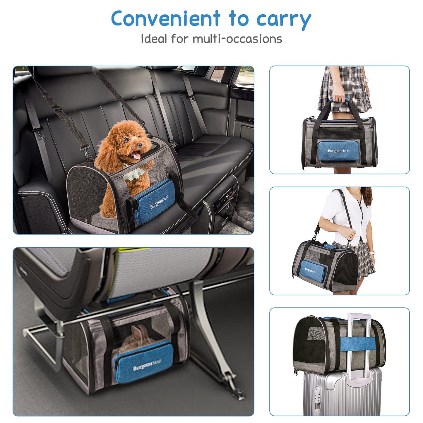 BurgeonNest Cat Carriers for Medium Cats Under 25 lbs, Pet Carrier for Cats with Unique Side Bag,Top Load Small Pet Carrier Soft-Sided Escape Proof with 4 Ventilated Windows