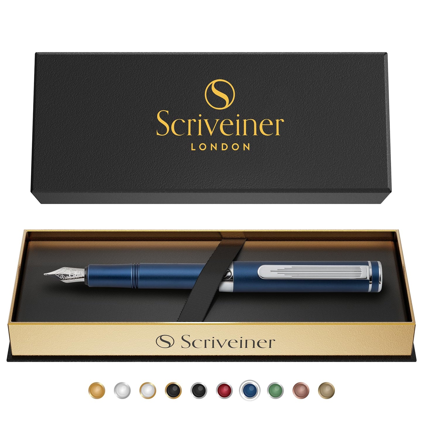 Scriveiner Luxury EDC Fountain Pen (Medium), Stunning Matt Blue Pocket Pen, Chrome Finish, Schmidt German Nib, Converter, Best Writing Pen Gift Set for Men & Women, Nice Fancy Office Designer Pen