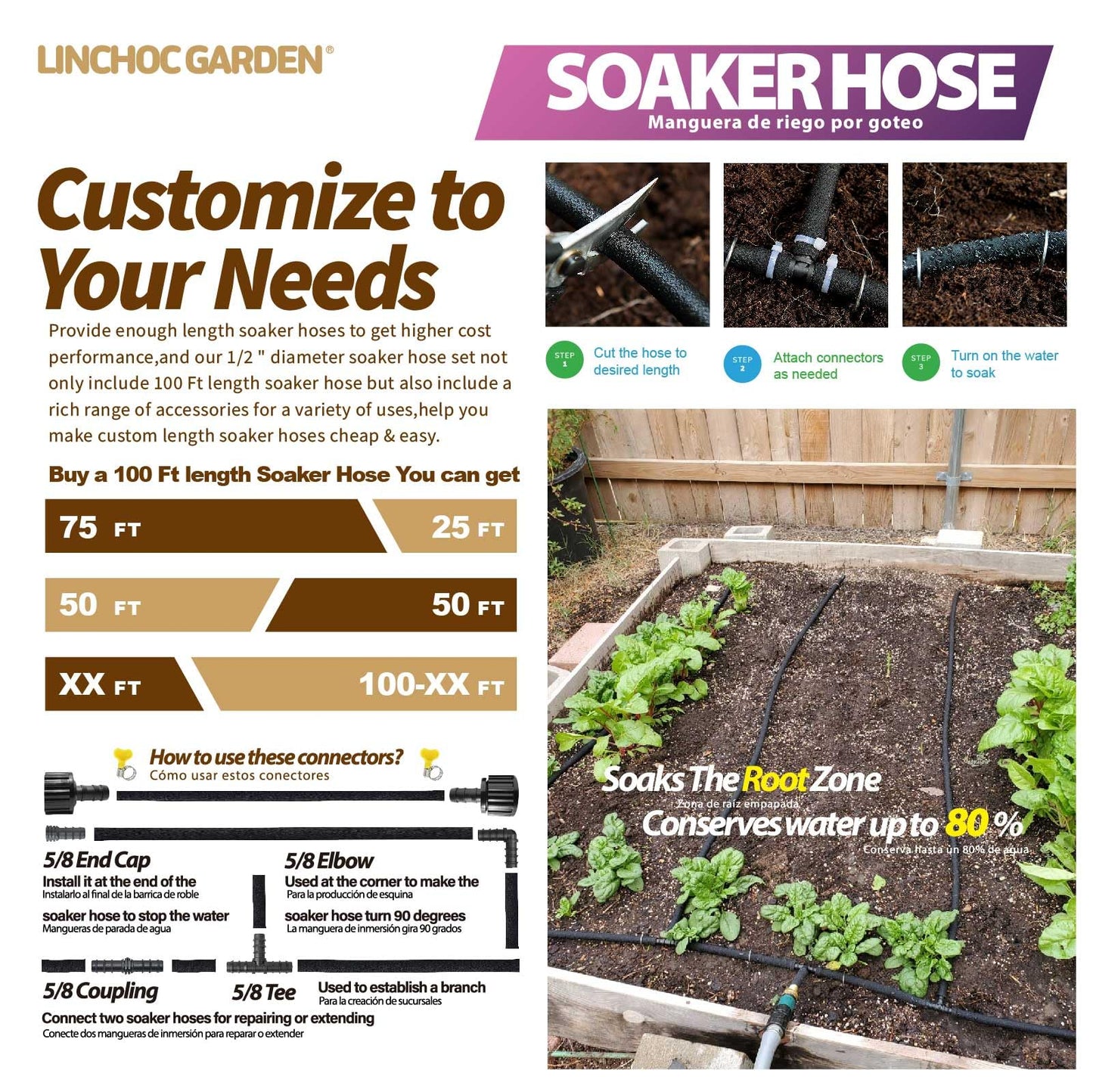 LICNCHOC Garden Soaker Hose, 1/2 Inch Flexible Durable Garden Hose for Efficient Watering, Leak-Proof Design 100% Recycled Rubber, Ideal for Lawns, Gardens & Flower Beds (100 FT)