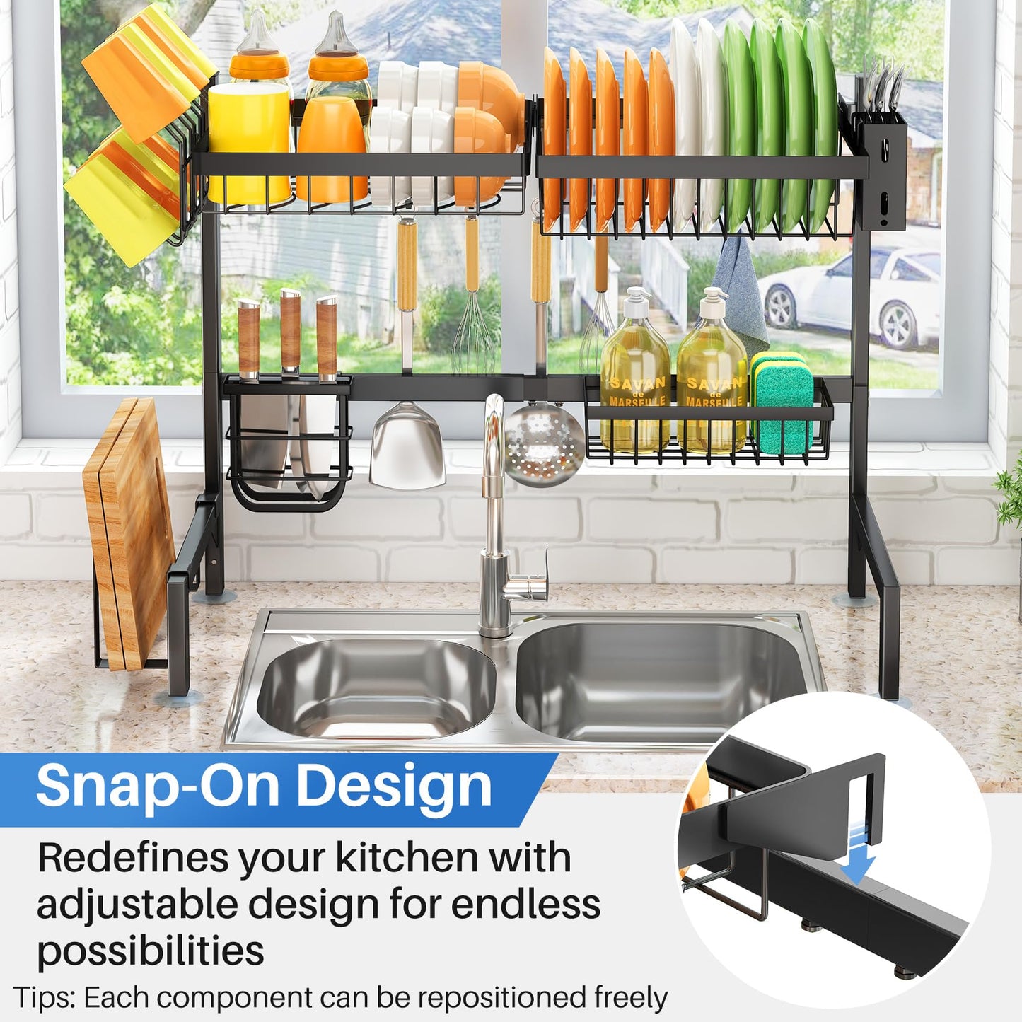 Over The Sink Dish Drying Rack, Adjustable (26.8" to 34.6") Large Dish Drying Rack for Kitchen Counter with Multiple Baskets Utensil Sponge Holder Sink Caddy, 2 Tier Black