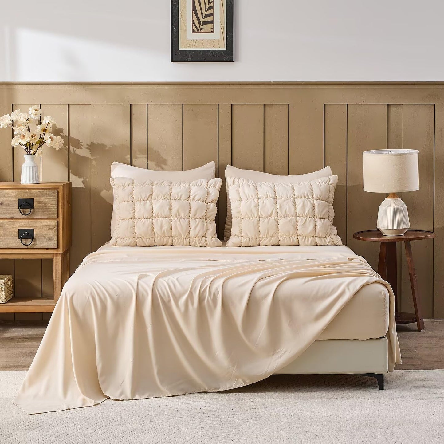 Jameswish Beige Comforter Set Queen Size Bed in A Bag 7 Piece Pinch Pleat Bedding Set,Pintuck Ruched Square Bed Set with Comforter, Sheets, Pillowcases & Shams
