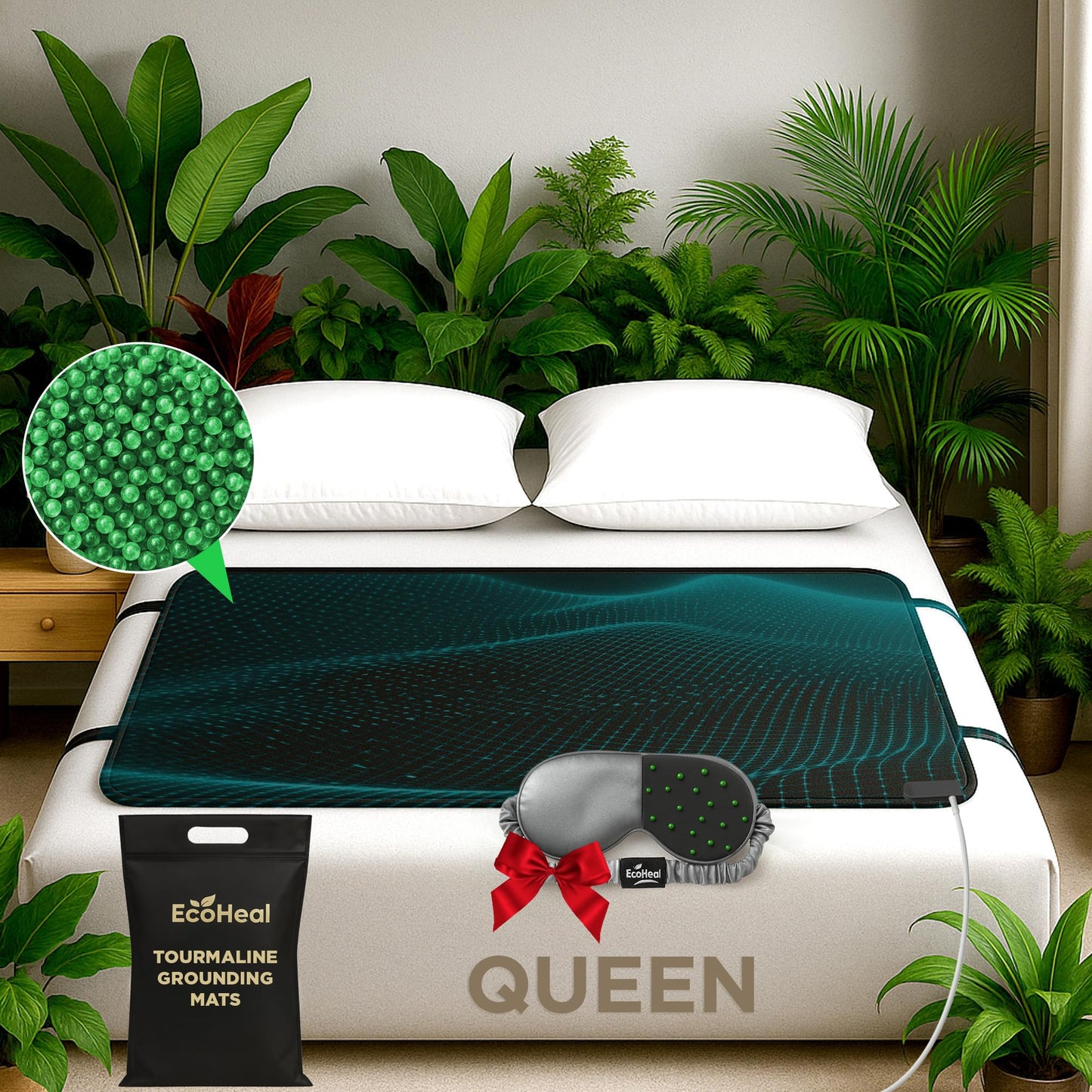 EcoHeal Grounding Mat for Bed – Earthing Tourmaline Sleep Pad, Conductive PU Leather Bed Mat, Non-Slip Bedding Layer, Includes 15ft Cord & Sleep Mask, Queen - 59”x27”, Black