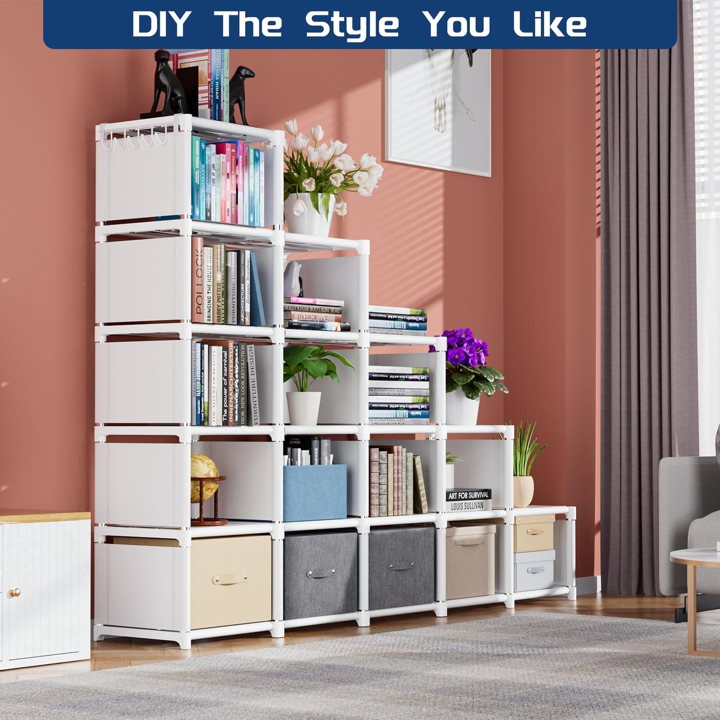 Mavivegue Book Shelf, Storage Organizer, DIY Bookcase, Metal Bookshelf, Display Shelf, Tall Bookcase for Bedroom, Living Room,Office,Closet - 16 Cube, White