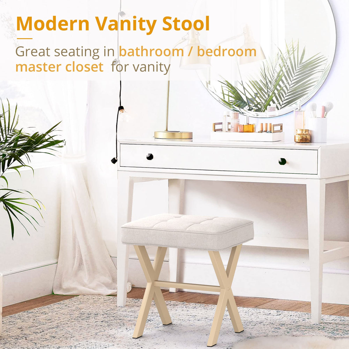LUE BONA Vanity Stool, Square Linen Makeup Stool with Metal X Legs, Modern Padded Vanity Seat Foot Rest Stool for Makeup Room, Bathroom, Linen Color