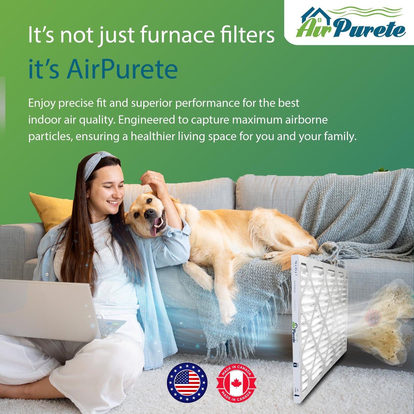 16x25x1 Furnace Filter | AirPurete AP- 3M16251 | Actual Size 15 1/2" x 24 1/2" x 3/4" | MERV 8 | Pack of 6 | Manufactured in Canada