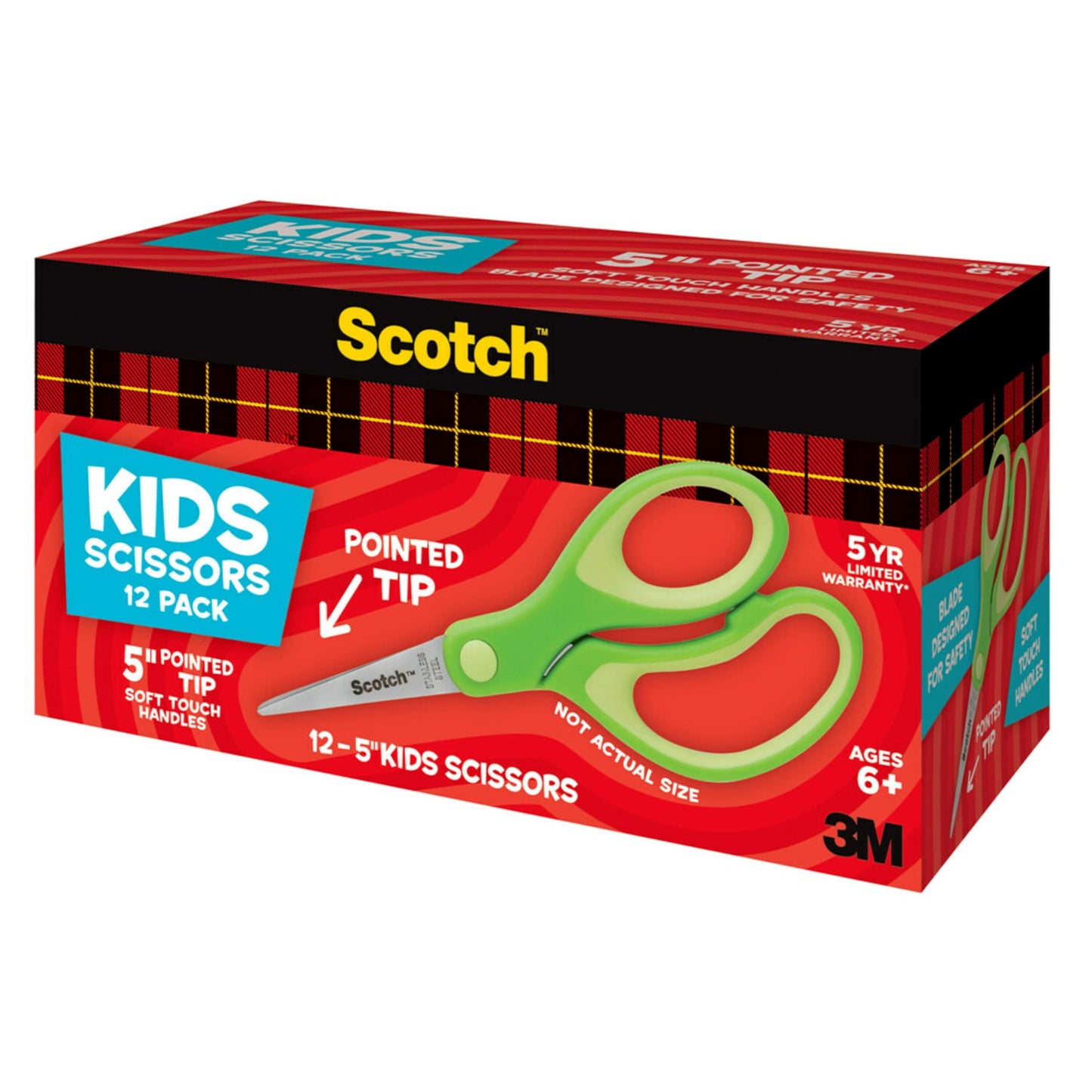 Scotch 5-Inch Soft Touch Pointed Kid Scissors, 12 Count Teacher Pack, Green (1442P-12)