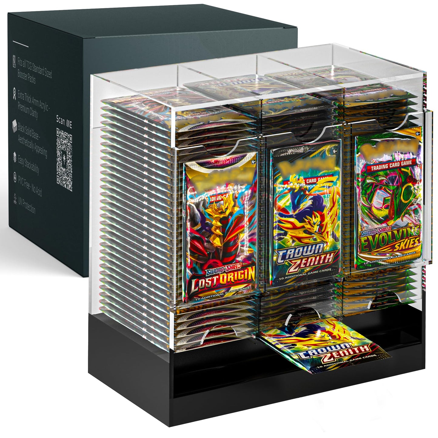 Dinavio Crafthouse 3-Slot Booster Pack Dispenser with Black Base - Fits 120 Booster Packs for Dispensing - Compatible with TCG Trading Card Boosters and Sports Card Boosters - 4mm Acrylic Stackable