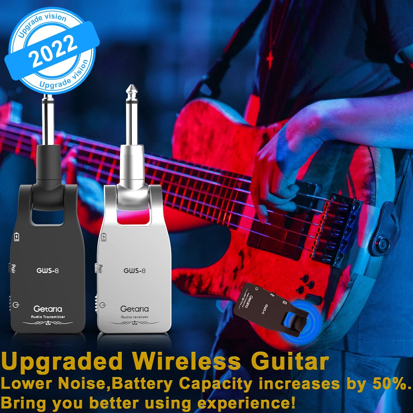 Getaria 2.4GHZ Wireless Guitar System Built-in Rechargeable Lithium Battery Digital Transmitter Receiver for Electric Guitar Bass