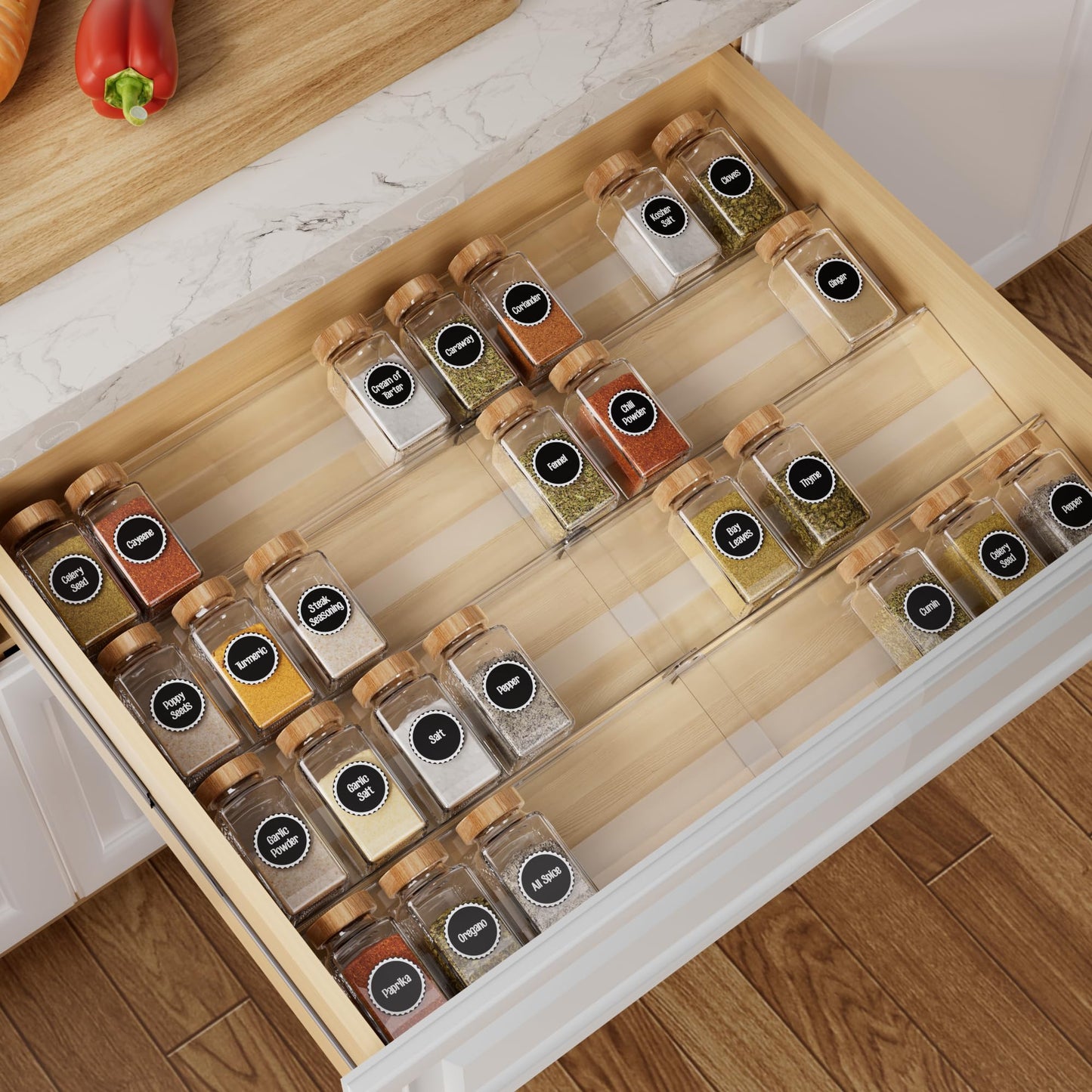 Brippo 8-Pack Spice Drawer Organizer, Expandable Acrylic Seasoning Rack (13" to 26") with Anti-Slip Mat, Kitchen Spice Rack Tray Holds up to 56 Jars
