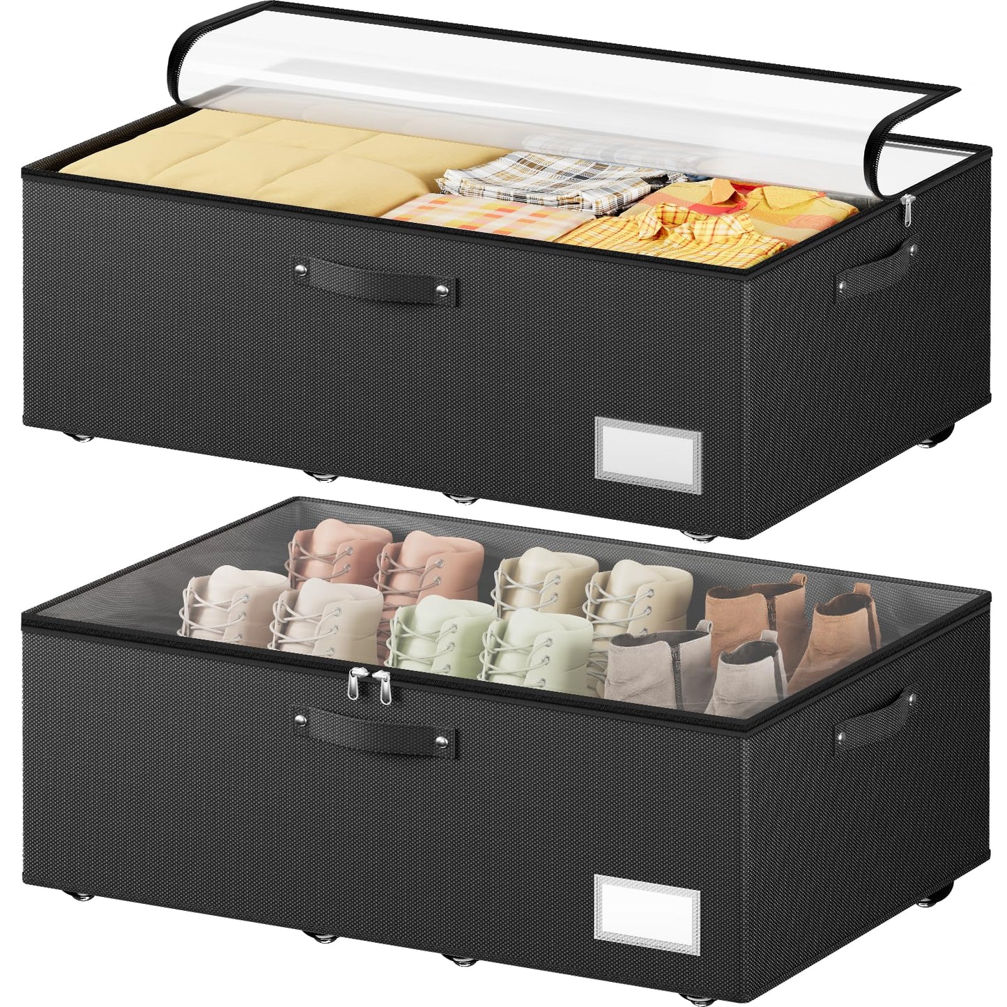 Dayacoco Under Bed Storage with Wheels, 2 Pack Under Bed Storage Containers with Clear Lids, 10 inch Rolling Under Bed Metal Drawer for Clothes, Shoes, Toys, Books, Blankets (Black)