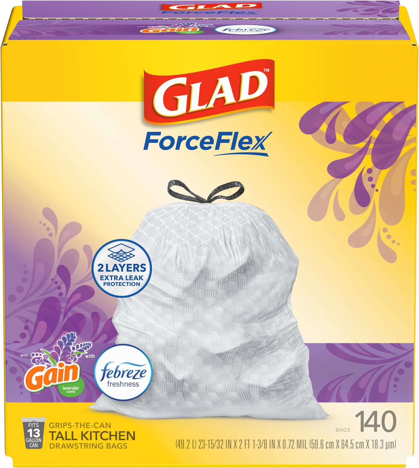 Glad ForceFlex Tall Kitchen Trash Bags, 13 Gallon, Gain Lavender, 140 Count (Package May Vary)