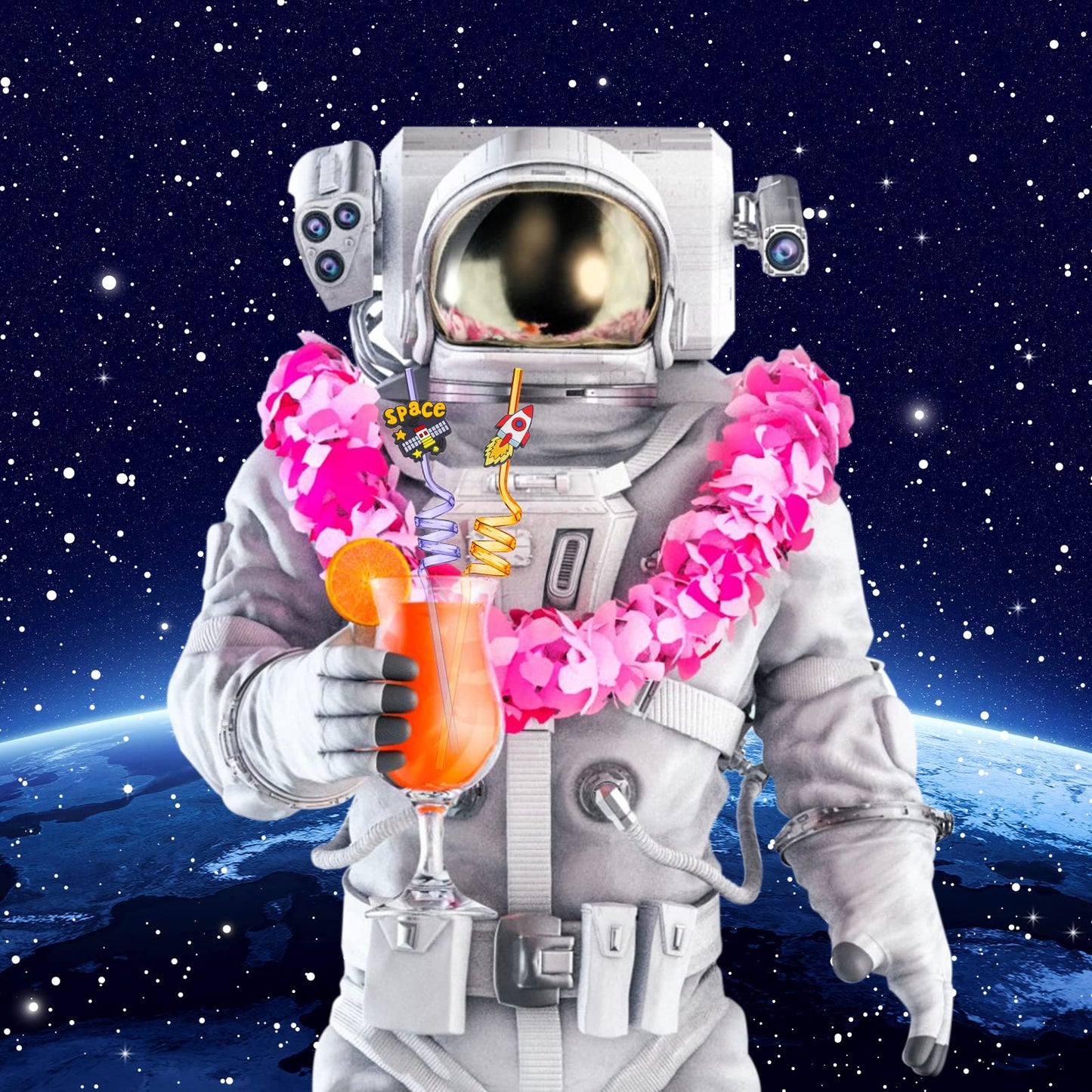 24 Pcs Outer Space Straws Party Favors Reusable Plastic Solar System Rocket Spaceship Astronaut Satellite Planet Straws for Space Theme Birthday Party Supplies Decorations