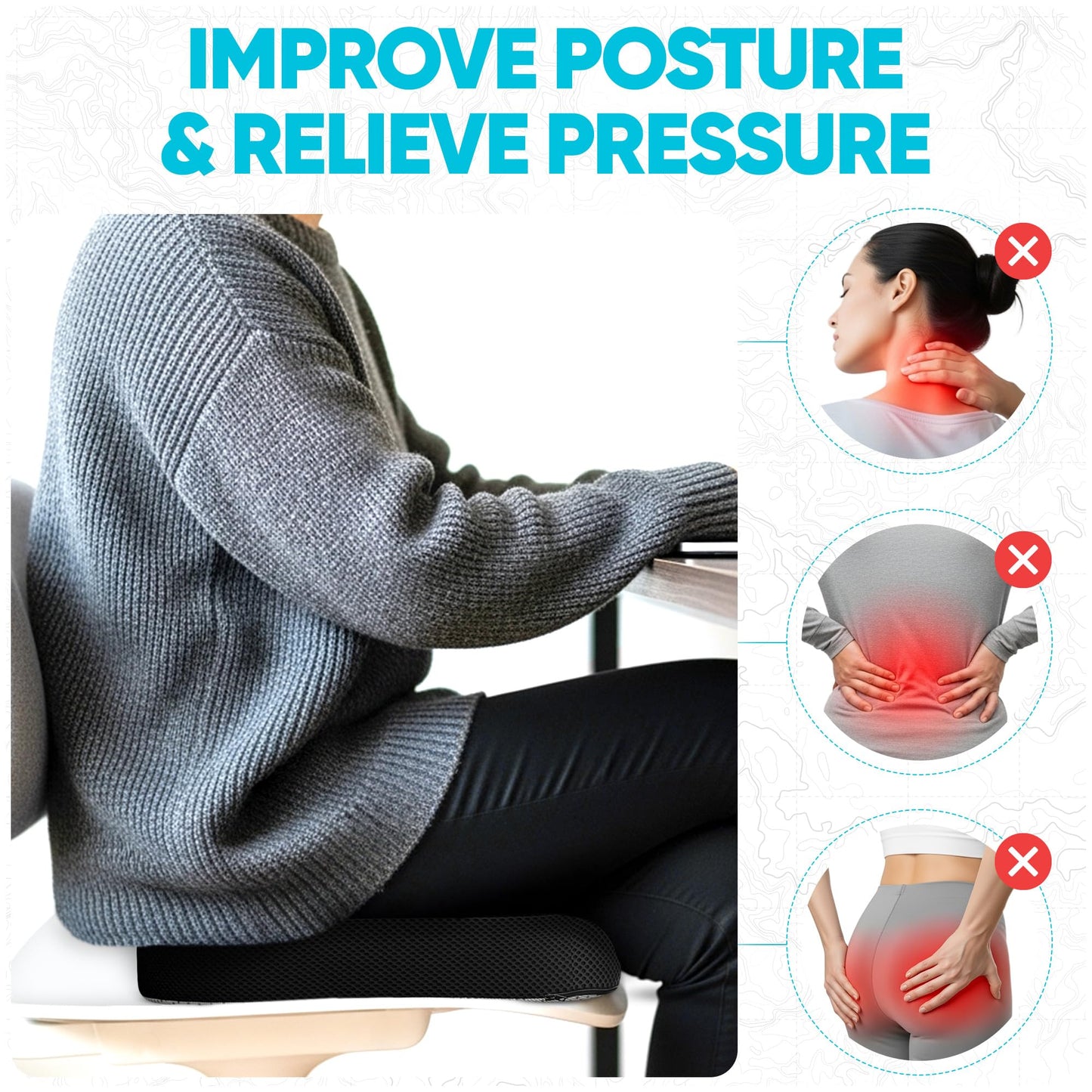 FORTEM Office Chair Cushion, Memory Foam Seat Cushion, Non Slip Sitting Pillow for Gaming, Car Seat, Computer Chair Pad, Sciatica and Tailbone Support, Washable Cover