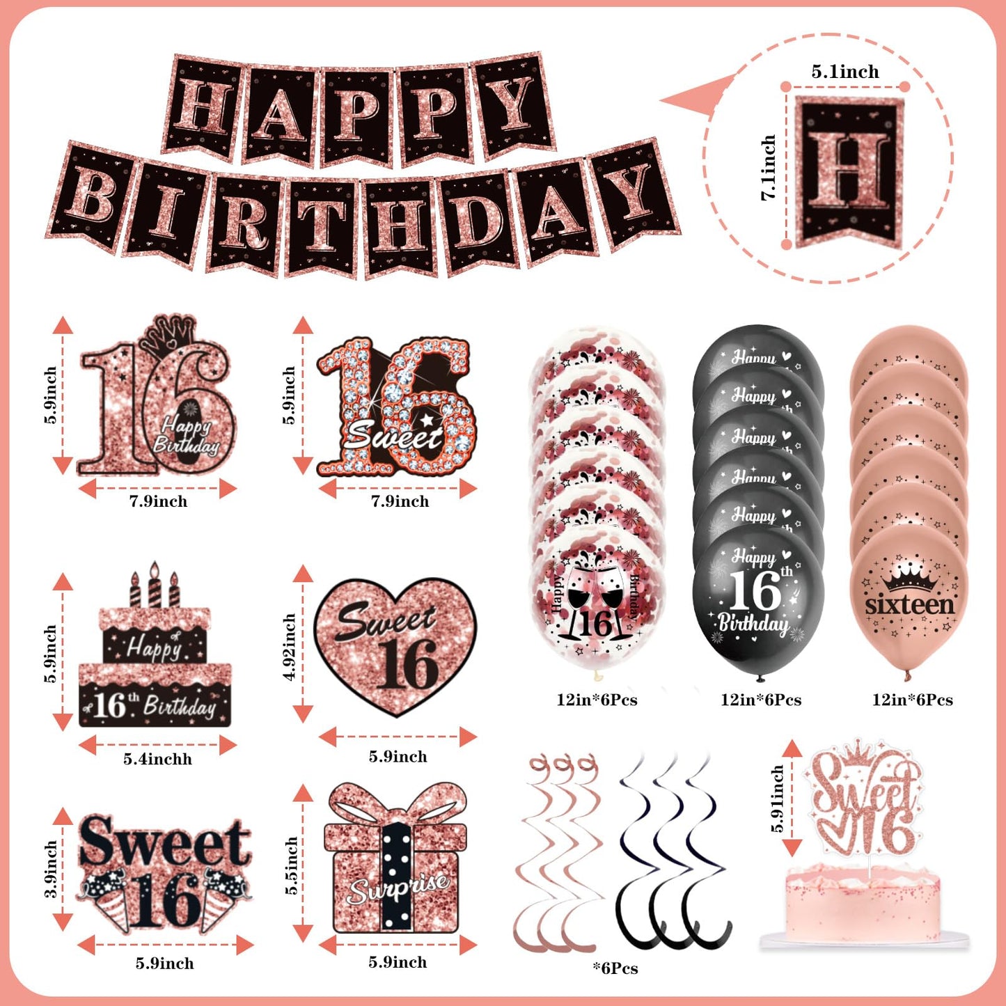 50PCS Sweet 16 Birthday Decorations for Girls, 16th Bady Crown and Sash Set, Rose Gold and Black Banner, Cake Topper, Balloons, Swirl, Pom Poms, Backdrop Decor, Happy Sixteen Party Supplies.