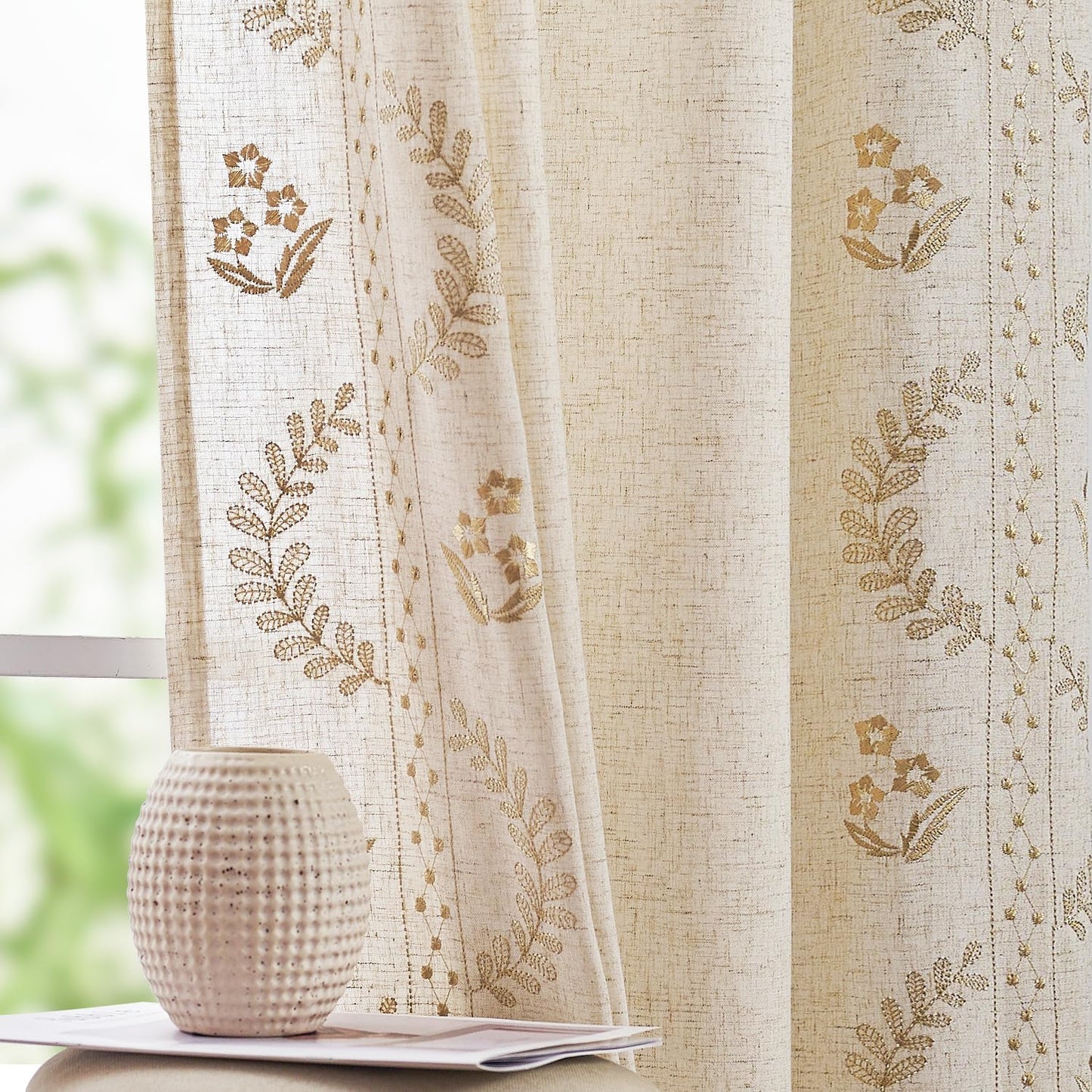 JINCHAN Linen Curtains for Bedroom Floral Curtains 84 Inch Length Linen Blend Beige Embroidered Drapes Farmhouse Flower Patterned Drapes for Living Room Window Treatments Set 2 Panels