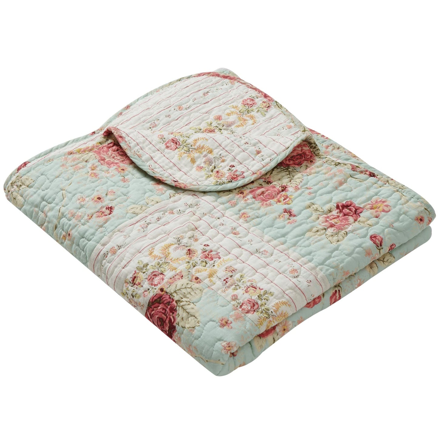 Greenland Home Antique Rose - Classic Traditional Floral - 100% Cotton Quilted Throw Blanket, 50 x 60 inches, Blue