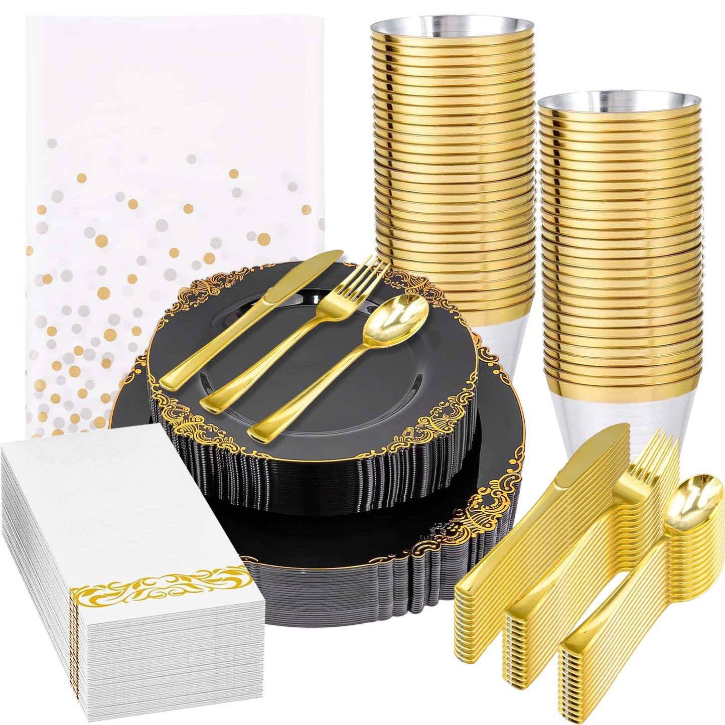 211 Piece Plastic Plates with Gold Trim, Fancy Disposable Dinnerware Set Include Dinner Plates, Dessert Plates, Cups, Napkins, Silverware and Tablecloth for Party Wedding Halloween, 30 Guests
