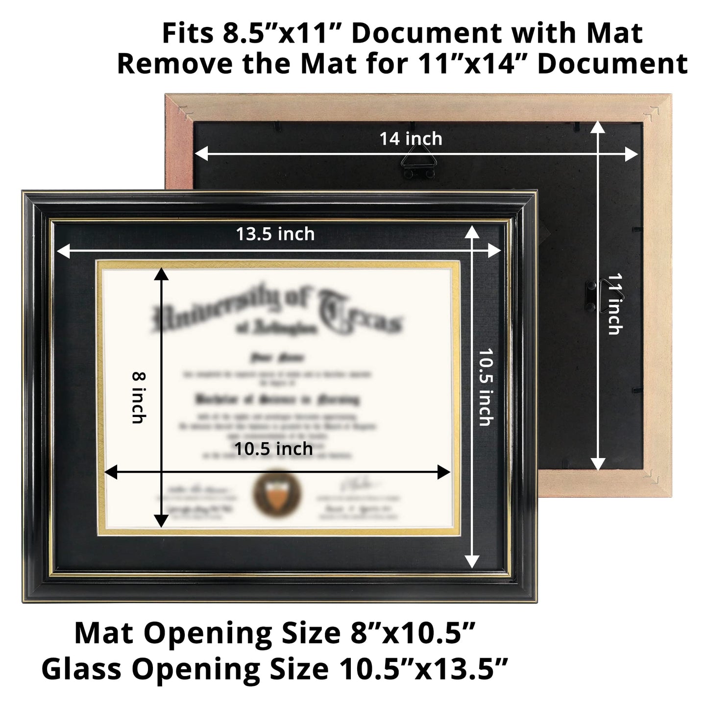 GraduationMall 8.5x11 Diploma Frame with Black over Gold Mat or Display 11x14 Certificate without Mat,Solid Wood & UV Protection Acrylic,Glossy Black Finish with Gold Trim