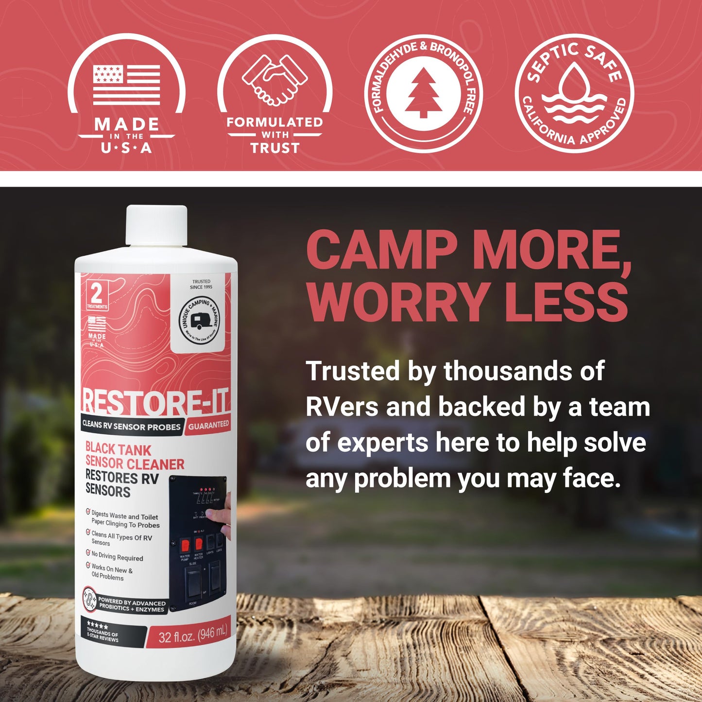 Unique Restore-It RV Sensor Cleaner Liquid for Black Water Holding Tanks - Cleans and Restores Misreading Camper Black Tank Sensor Probes, Formerly Sensor Cleaner, CA Compliant (32 oz.)