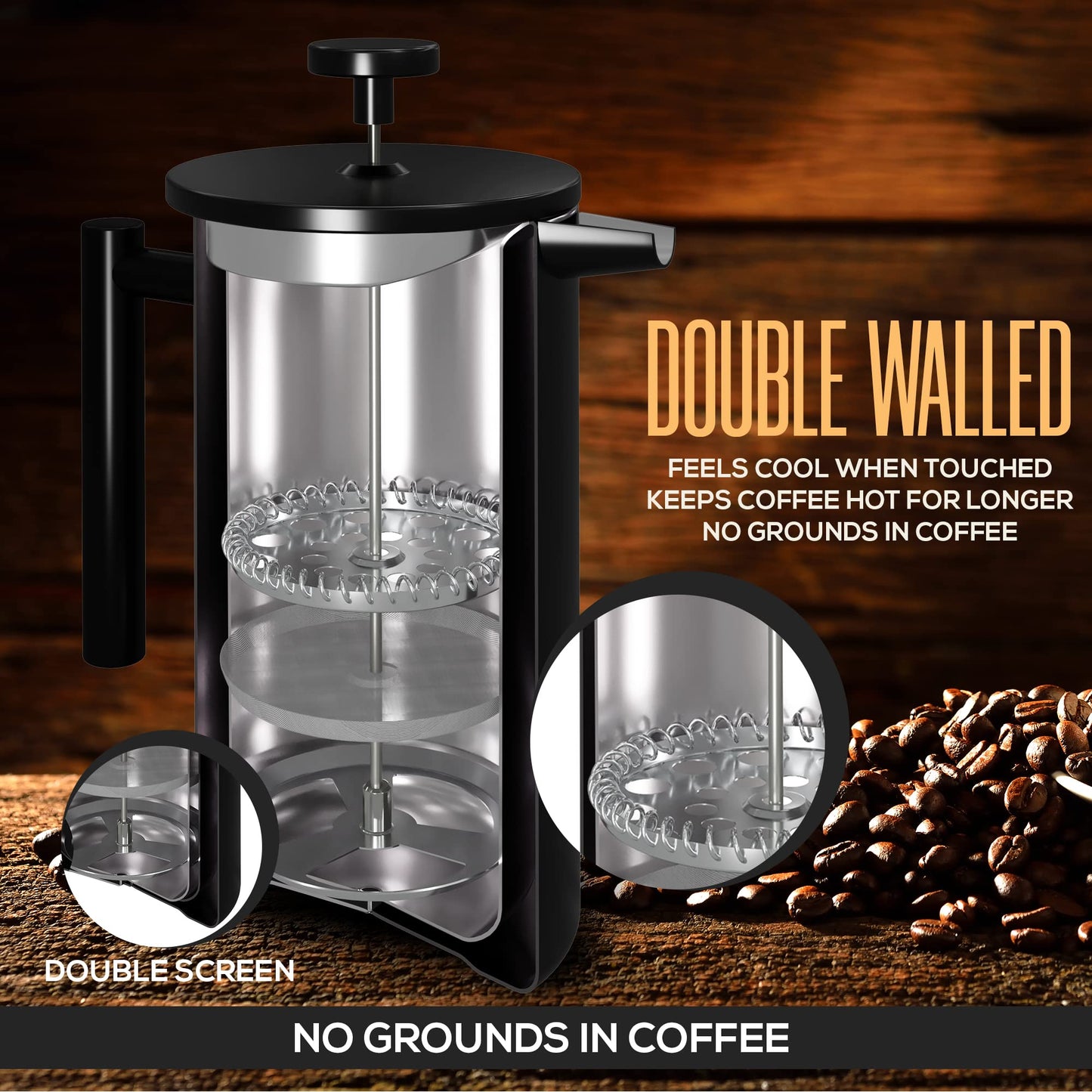 KICHLY - 34 OZ French Press, 100% Stainless Steel Double Walled Insulated Coffee Press with Fine Filters, Espresso & Tea Maker - Black