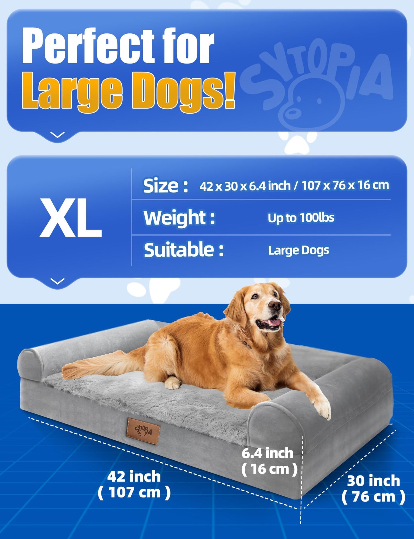 Sytopia Indestructible Dog Bed for Large Dogs Clearance Washable, Chew Proof Orthopedic Pet Bed with Removable Cover and Anti-Slip Bottom, Deluxe Waterproof Dog Crate Bed- Sofa XL Dog Bed