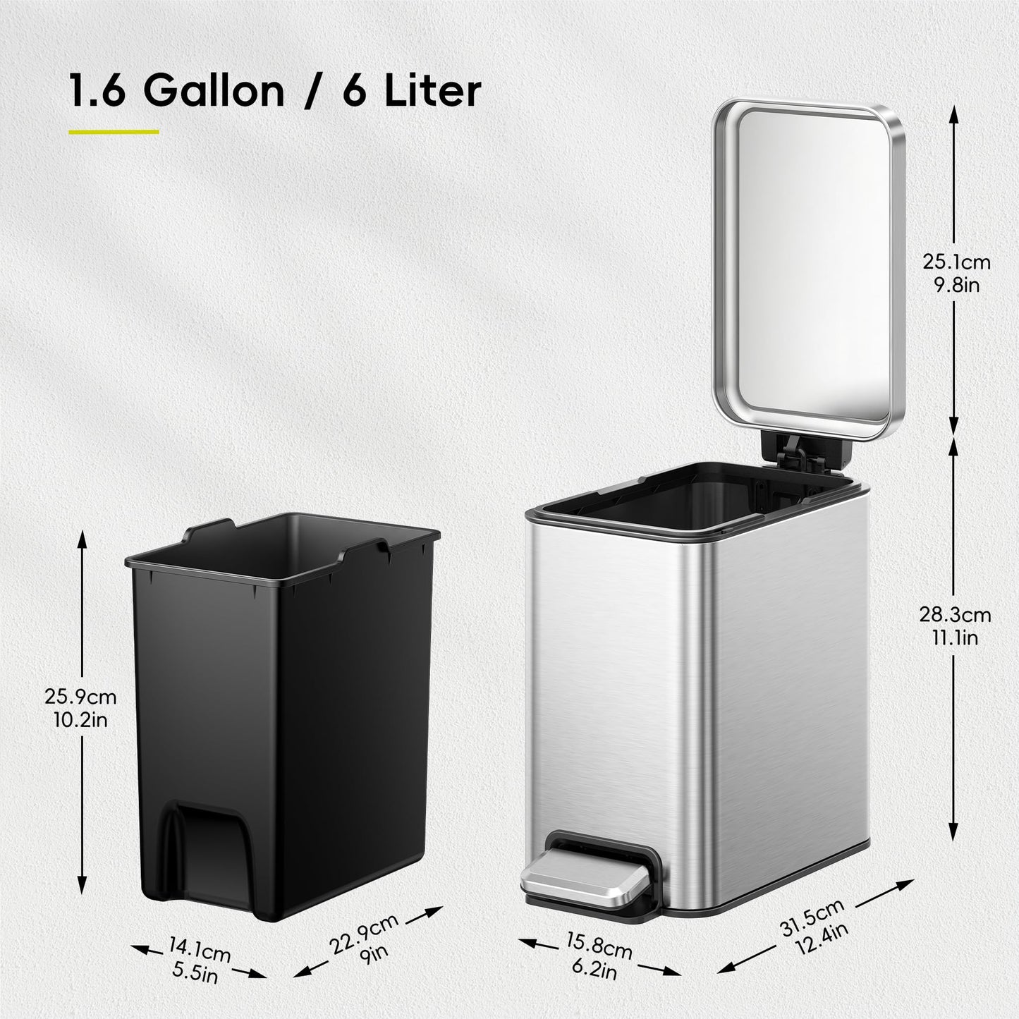 EKO Small Bathroom Trash Can with Lid Soft Close, Step Pedal, 6 Liter / 1.6 Gallon Stainless Steel Garbage Can with Removable Inner Bucket, Anti-Fingerprint Finish (Silver)