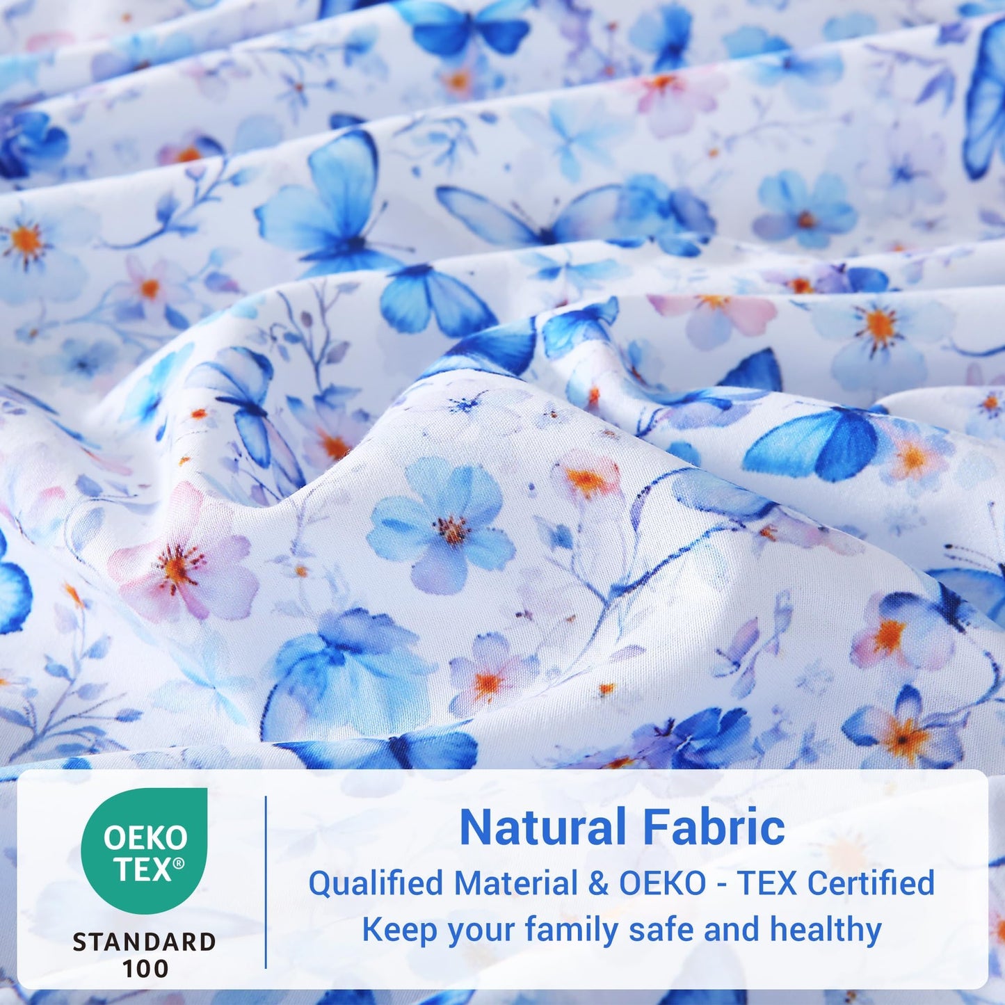 Softan Queen Floral Sheets, Microfiber Blue Flower Printed Fitted Sheets with Non-Slip Straps and 15" Deep Pocket, Butterfly Patterned Cozy Bed Sheets Queen, Buttertfly Sheets & Pillowcase Sets