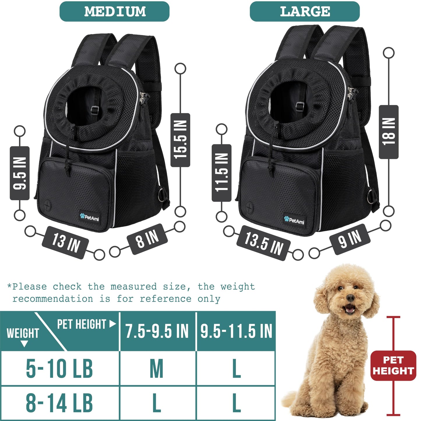 PetAmi Front Carrier Backpack for Dogs and Cats, Adjustable Ventilated Pet Chest Carrier for Hiking, Camping, Travel, Small to Medium Pets, Max 15 lbs, Black
