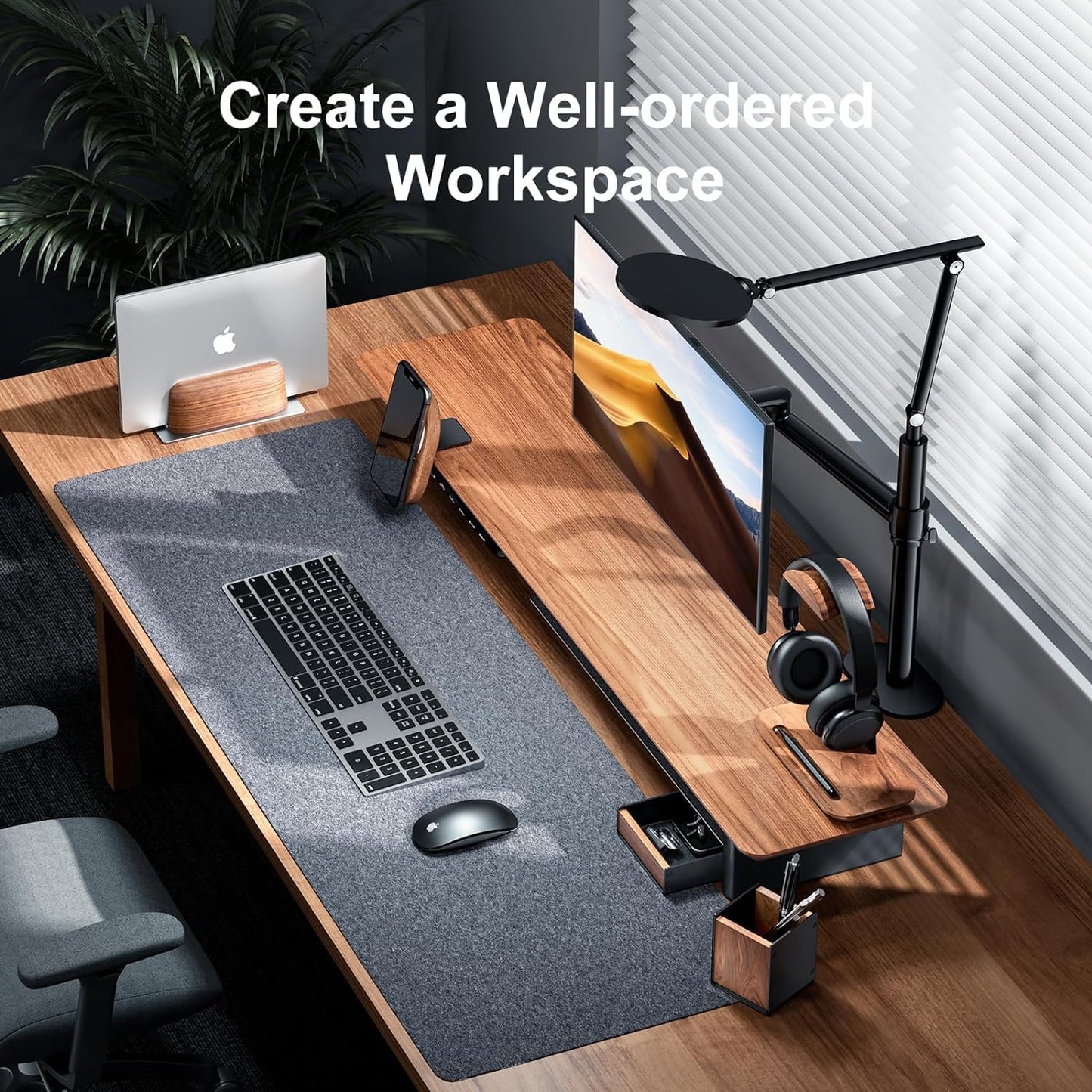 SHUOSUO Walnut Wood Desk Tray with Pen Holder Set, Natural Wooden & Aluminium Desk Office Draw Organizer Tray for Keys, Pen, Watch