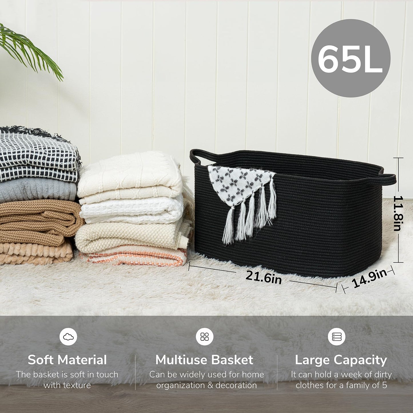 Goodpick Large Laundry Basket, Blanket Basket Living Room, Storage Baskets for Toys, Towels, Rectangle Rope Toy Storage Baskets for Baby, Kids, 21.6" x 14.9" x 11.8", Black