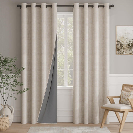 NICETOWN Oatmeal Vintage Open Linen Weave Flax Thermal Curtains, 100% Blackout Curtains 84 Inches Long for Dining Room, Window Treatment Drapes for Hall Room, 52" Wide Per Panel, Set of 2
