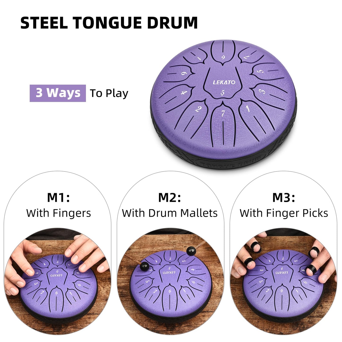 LEKATO 6 Inch 11 Notes Steel Tongue Drum with Sturdy Nylon Bag, Beginner Music GIft for Families/Friends, D Major, Purple