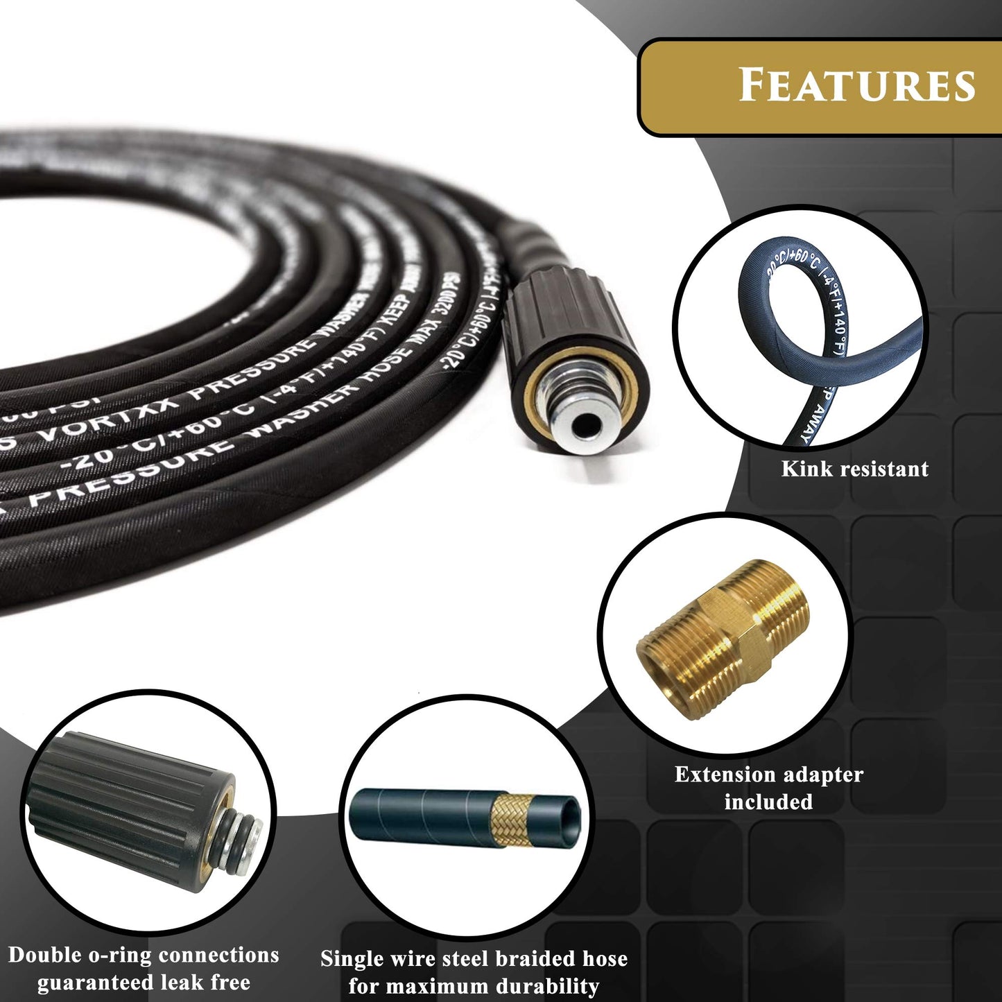 Vortxx Heavy Duty 1/4" x 25FT Pressure Washer Extension Hose for Sun Joe SPX Series, SPX-25HD, M22-15mm, 3200 PSI Steel Wire Braided & Synthetic Rubber Jacket, Kink Resistant
