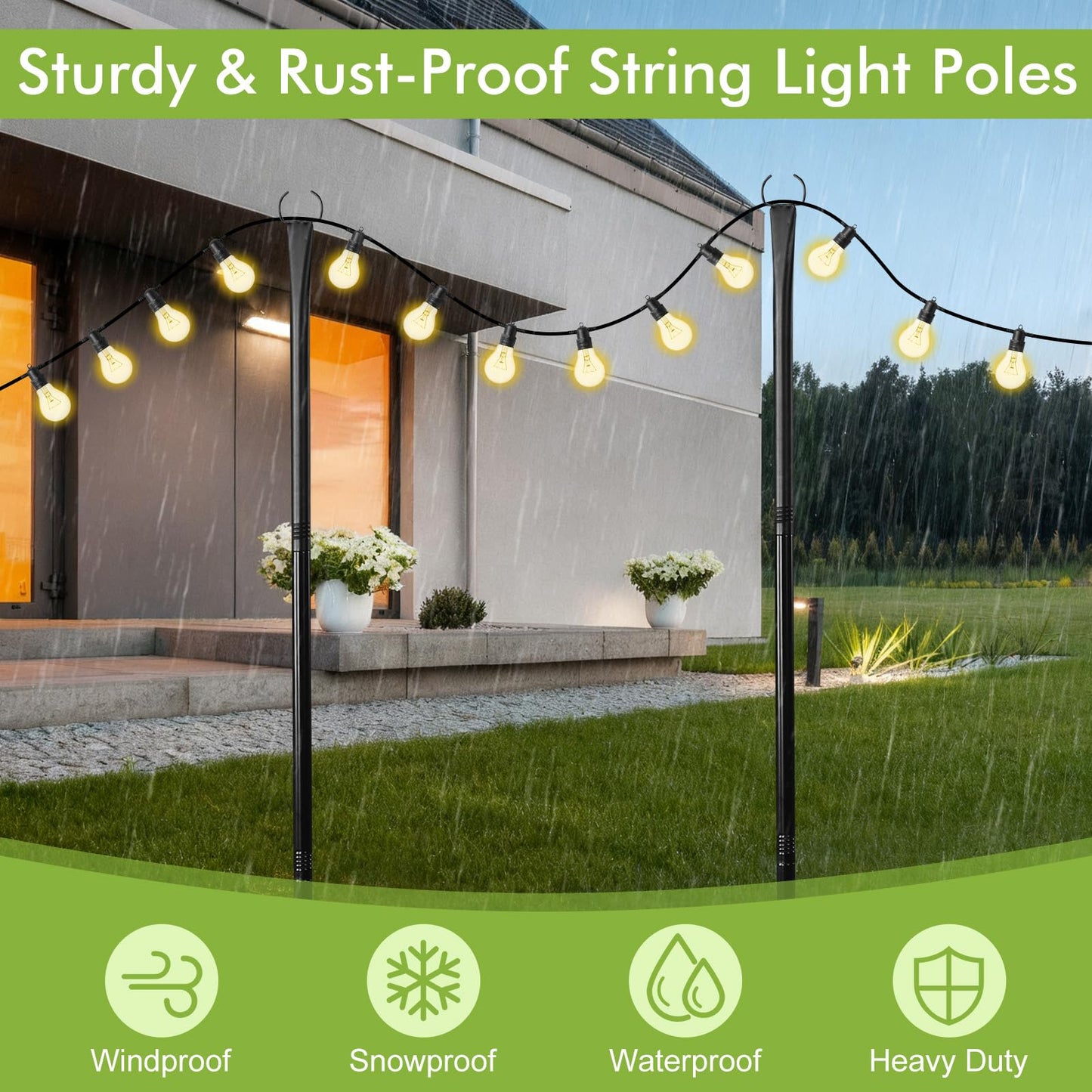 4 Pack 10FT String Light Poles, Heavy Duty Metal Light Poles for Outdoors, Adjustable Lighting Stand with Fork for Patio, Backyard, Garden, Deck, Party, Wedding, Christmas Decorations
