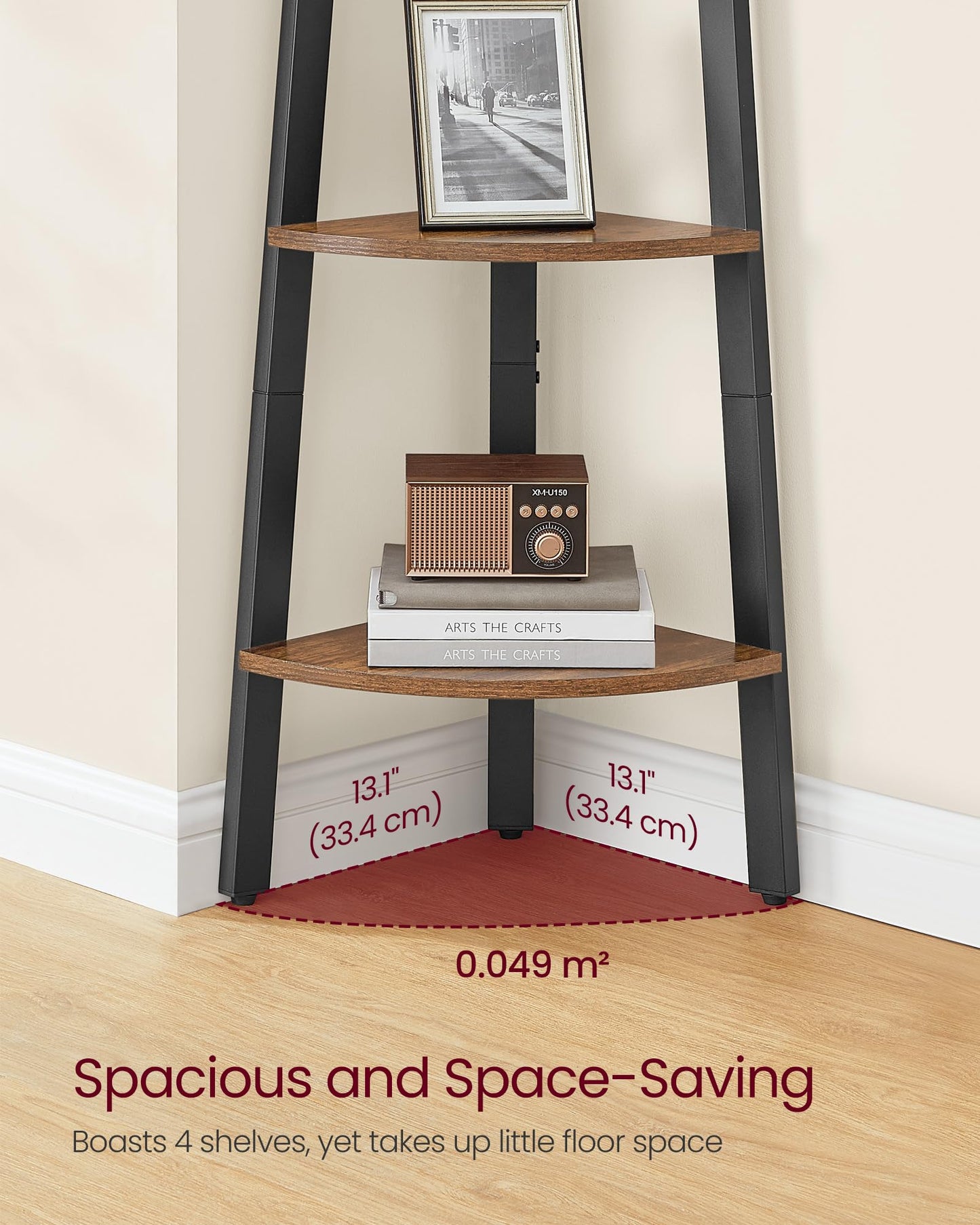 VASAGLE Corner Shelf Stand, 4-Tier Corner Bookshelf, Industrial Ladder Shelf, Plant Stand for Living Room, Office, Kitchen, Rustic Brown and Matte Black ULLS34X
