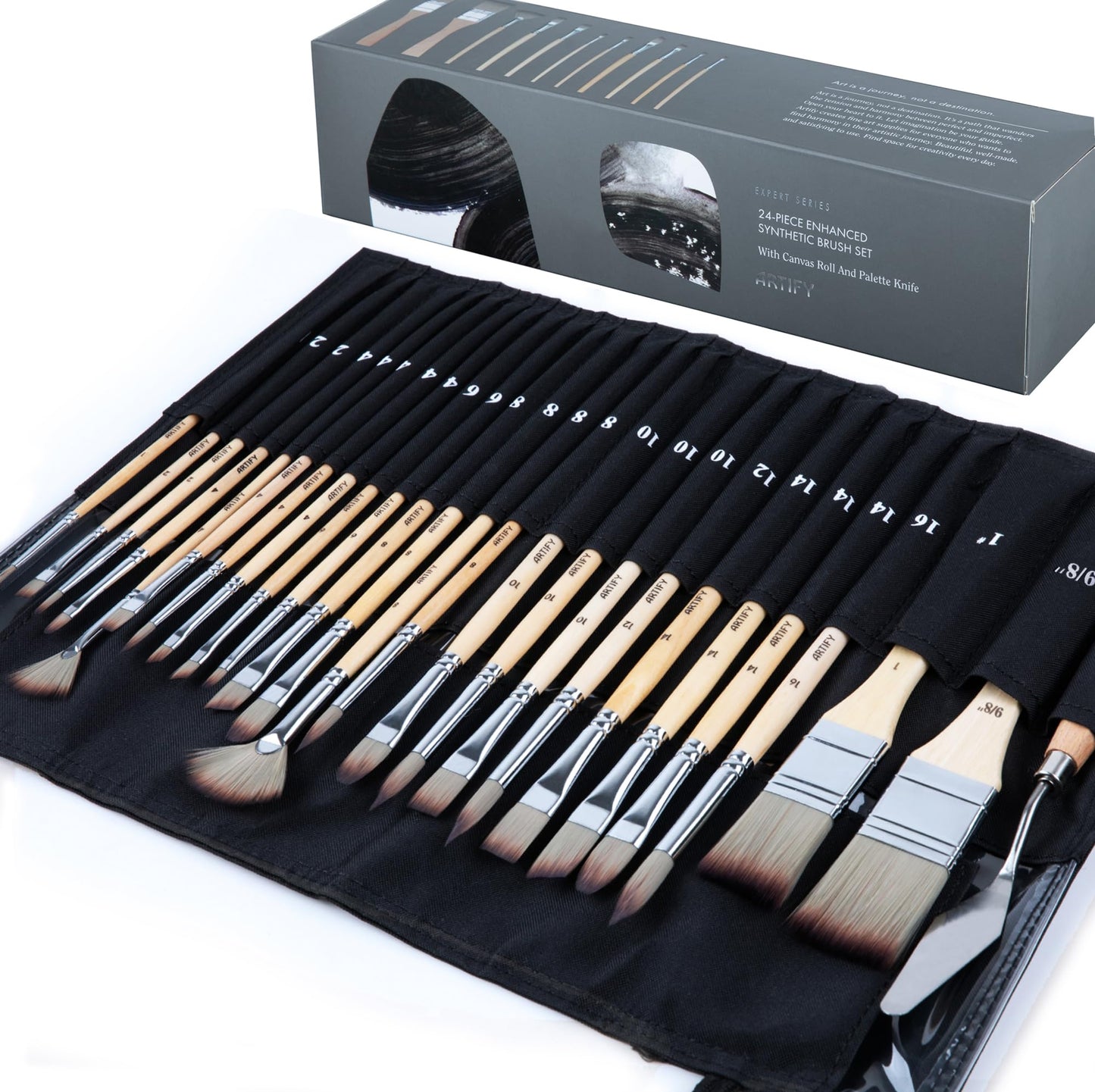 ARTIFY 25 pcs Paint Brush Set,Expert Series,Enhanced Synthetic Brush Set with Canvas Roll and Palette Knife for Acrylic Oil Watercolor Gouache (25 pcs)