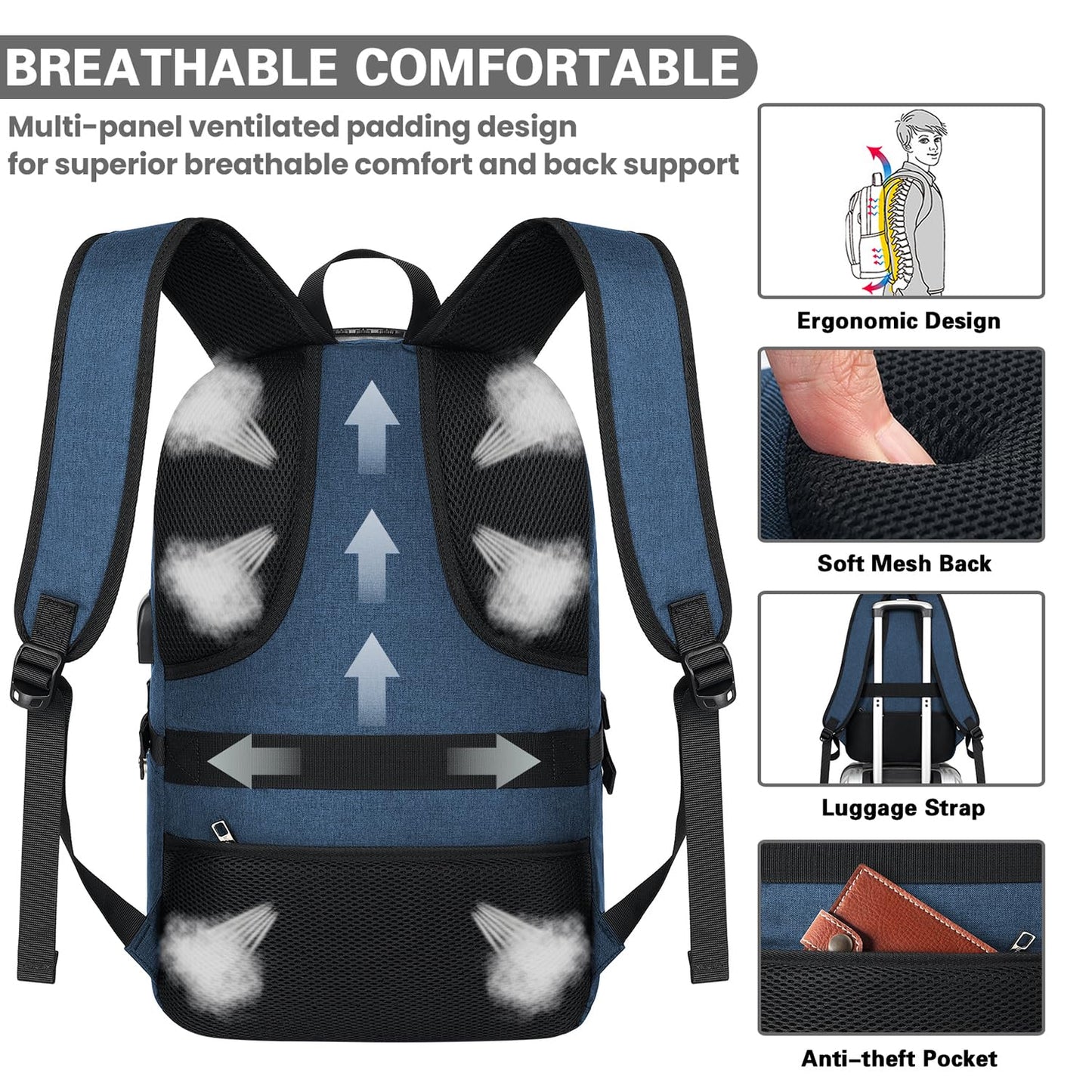 Travel Laptop Backpack, 17.3 inch Anti Theft Business Laptop Backpack with USB Charging Port and Headphone Interface, Computer Backpack for College School Student Work Men & Women Blue