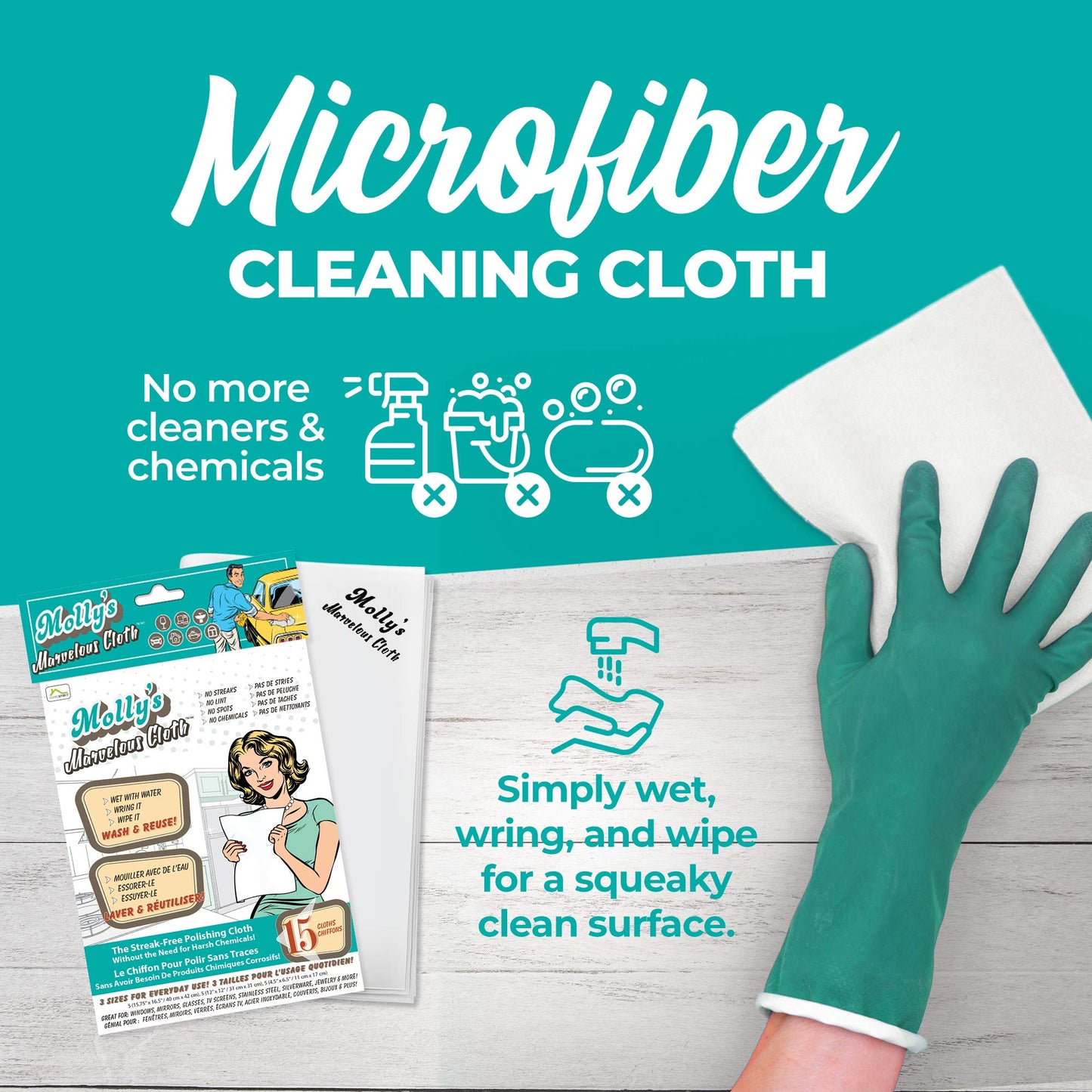 Molly’s Marvelous - Streak-Free Polishing Cloth, Lint-Free Microfiber Cleaning Cloth, Glass Cleaning Cloth and Window Cleaning Cloth, White (16" by 15.75") (15pk)