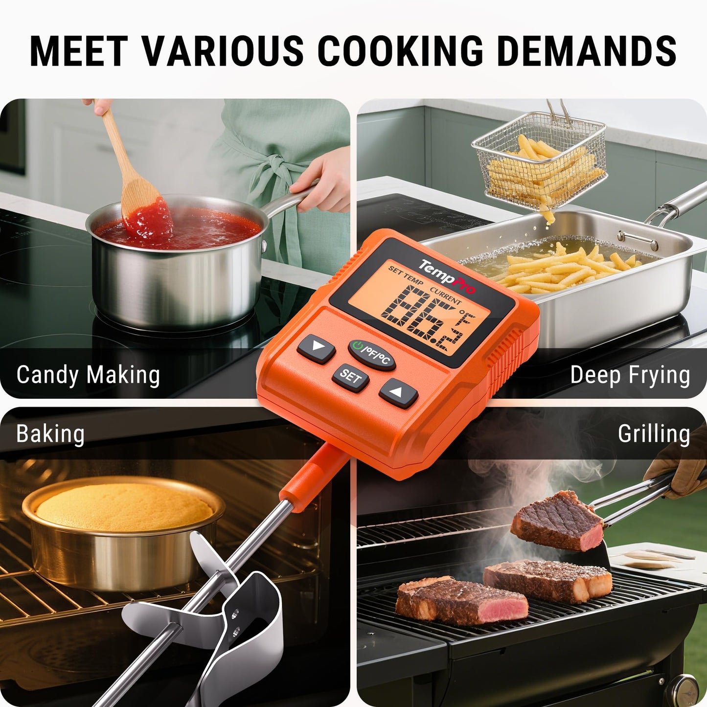 TempPro TP511 Digital Candy Thermometer with Pot Clip, Programmable Instant Read Food Meat Thermometer with 10'' Long Probe for Baking Grilling Candle Oil Deep Fry Thermometer(Previously ThermoPro)