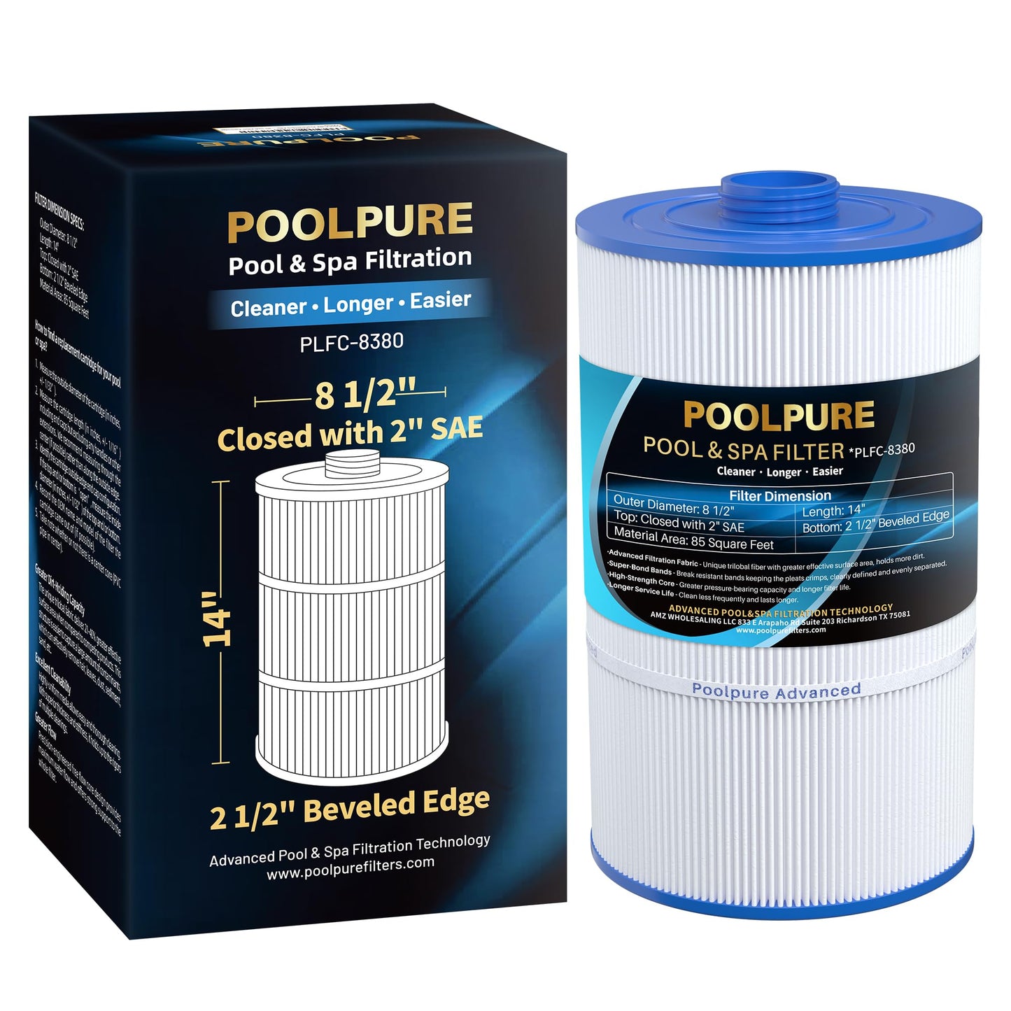 POOLPURE Replacement Filter for Sundance 6540-501, PSD85-2002, Unicel C-8380, Filbur FC-2810, Excel Filters XLS-840, Aladdin 18007, Baleen AK-70031 Magnum SU80 85 sq.ft Filter Cartridge Length: 14Inch