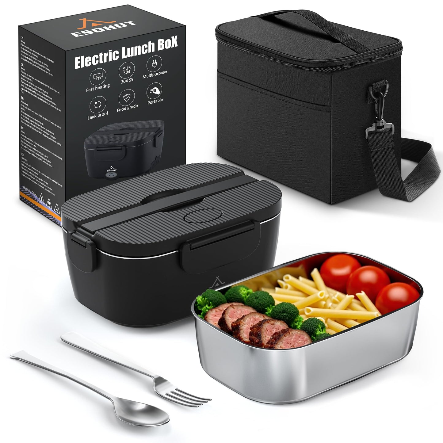 ESOHOT Heated Lunch Box,120W Electric Lunch Box Food Heater with 1.5L 304 Stainless Steel Container,12V/24V/110V Portable Food Warmer for Travel,Work,Car,Truck (1.5L x 2)