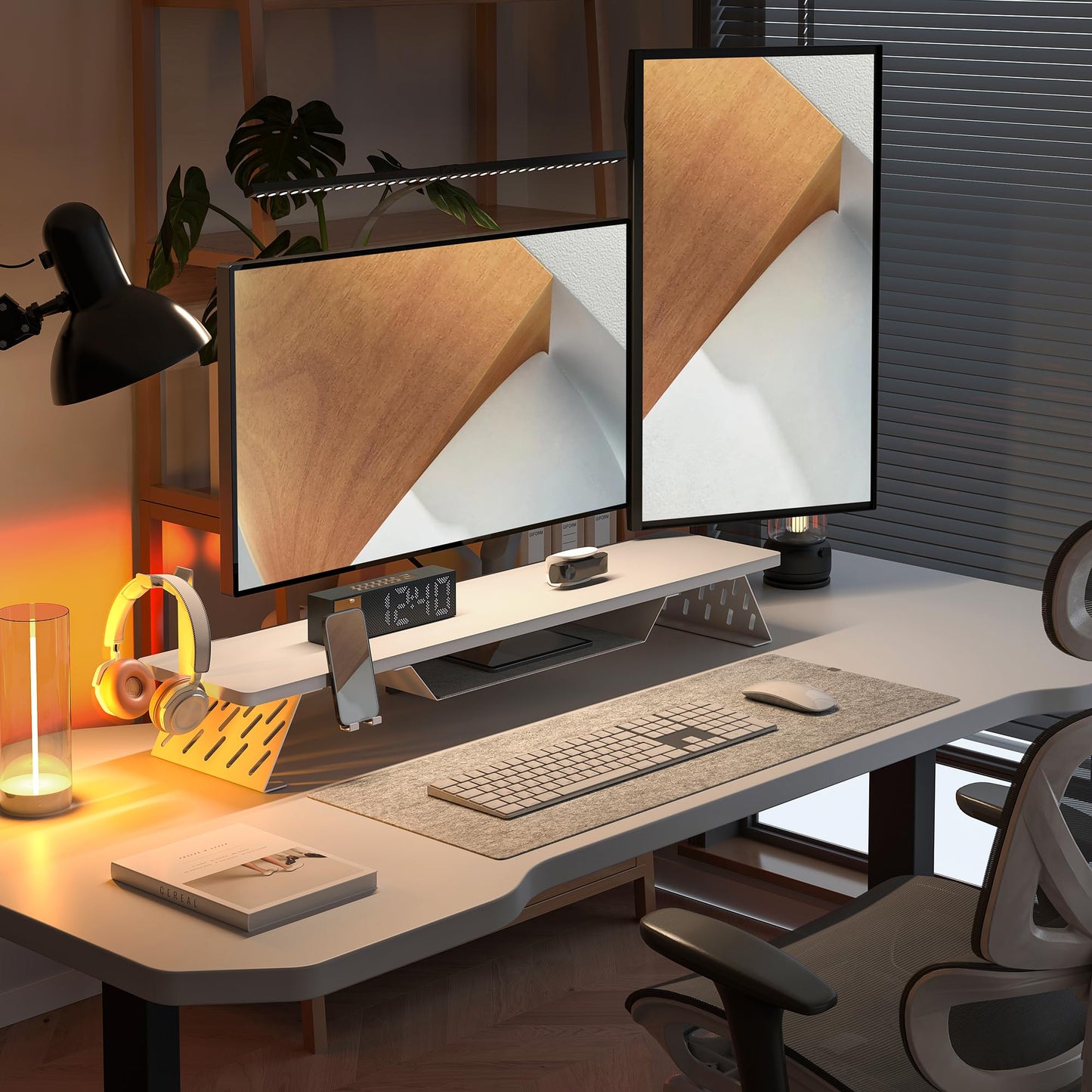 FENGE Monitor Stand Riser with Phone Holder and Headphone Mount 42.5 inch Large Computer Monitor Stands Wood+Steel Desktop Organizer, Metal Storage Shelf Max Load 66LBS White